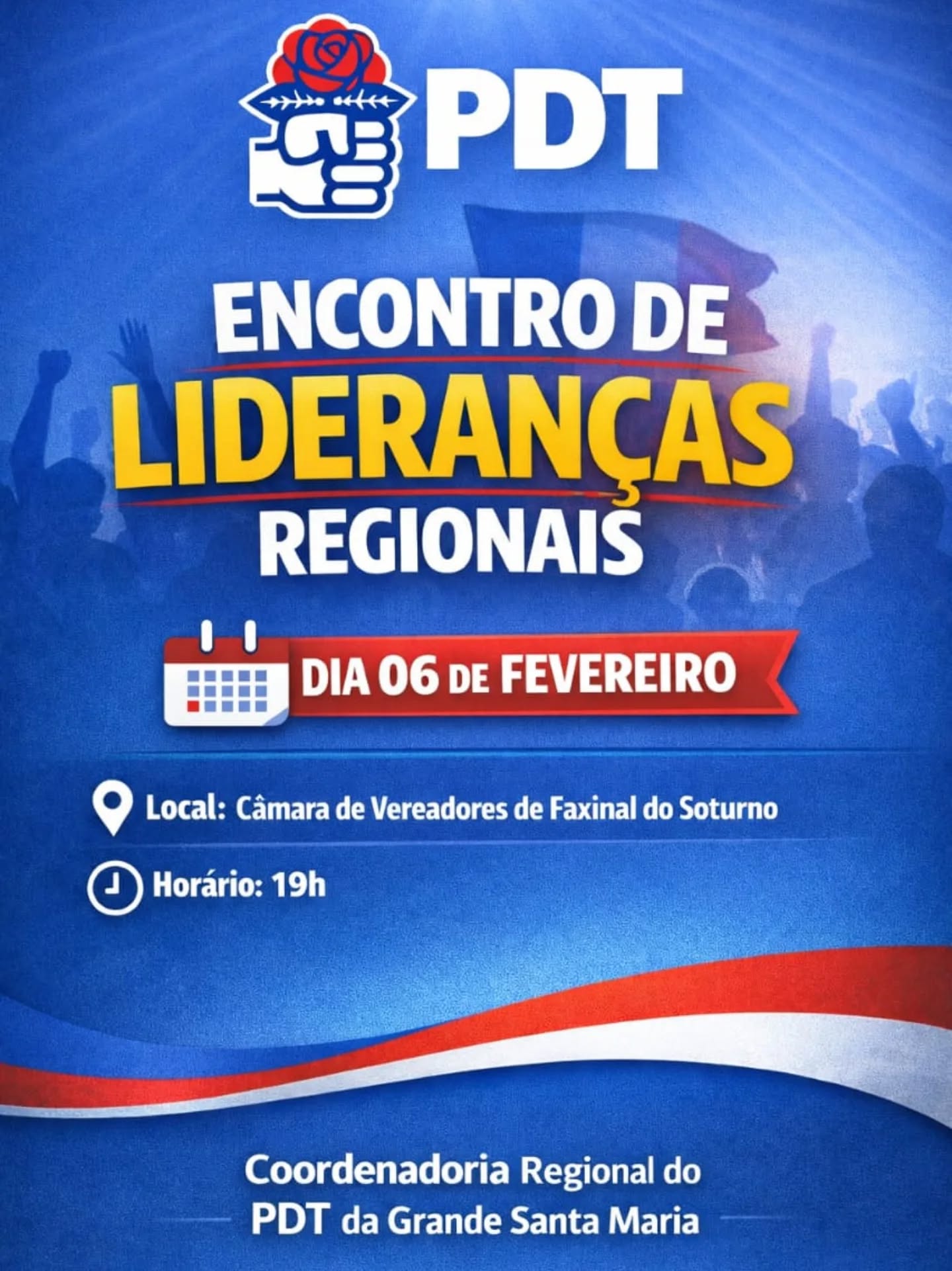 Encontro de Lideranças Regionais | PDT RS
O PDT da Grande Santa Maria promove, no dia 06 de fevereiro (sexta-feira), um importante encontro regional no município de Faxinal do Soturno.
Será um momento de alinhamento interno, diálogo e construção coletiva, onde vamos debater caminhos, prioridades e a agenda da Coordenadoria da Grande Santa Maria para 2026.
📌 Local: Câmara de Vereadores de Faxinal do Soturno
⏰ Horário: 19h
A participação das nossas lideranças é fundamental para fortalecer o partido, organizar a caminhada e projetar o futuro que queremos construir.
Contamos com a tua presença!
#PDT #PDTRS #GrandeSantaMaria #Trabalhismo #OrganizaçãoPartidária