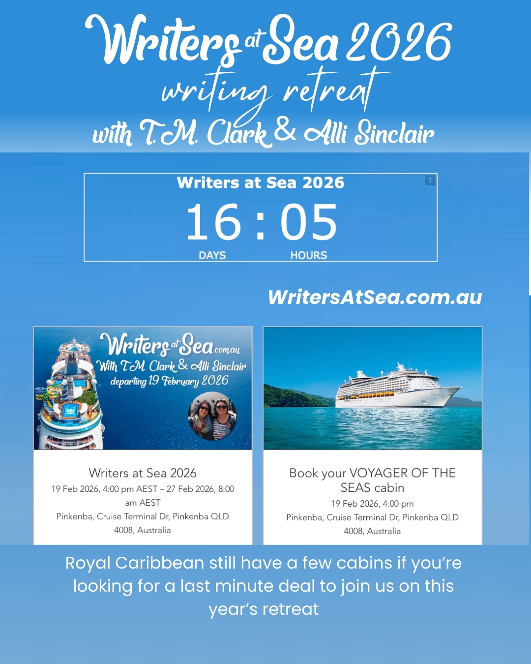 Royal Caribbean still has a few cabins if you’re looking for a last-minute deal to join us on this year’s retreat.
You can book your cabin at https://bit.ly/WAS26Cabin and the retreat at www.writersatsea.com.au
#writersretreat #australianwriters #writingcommunity