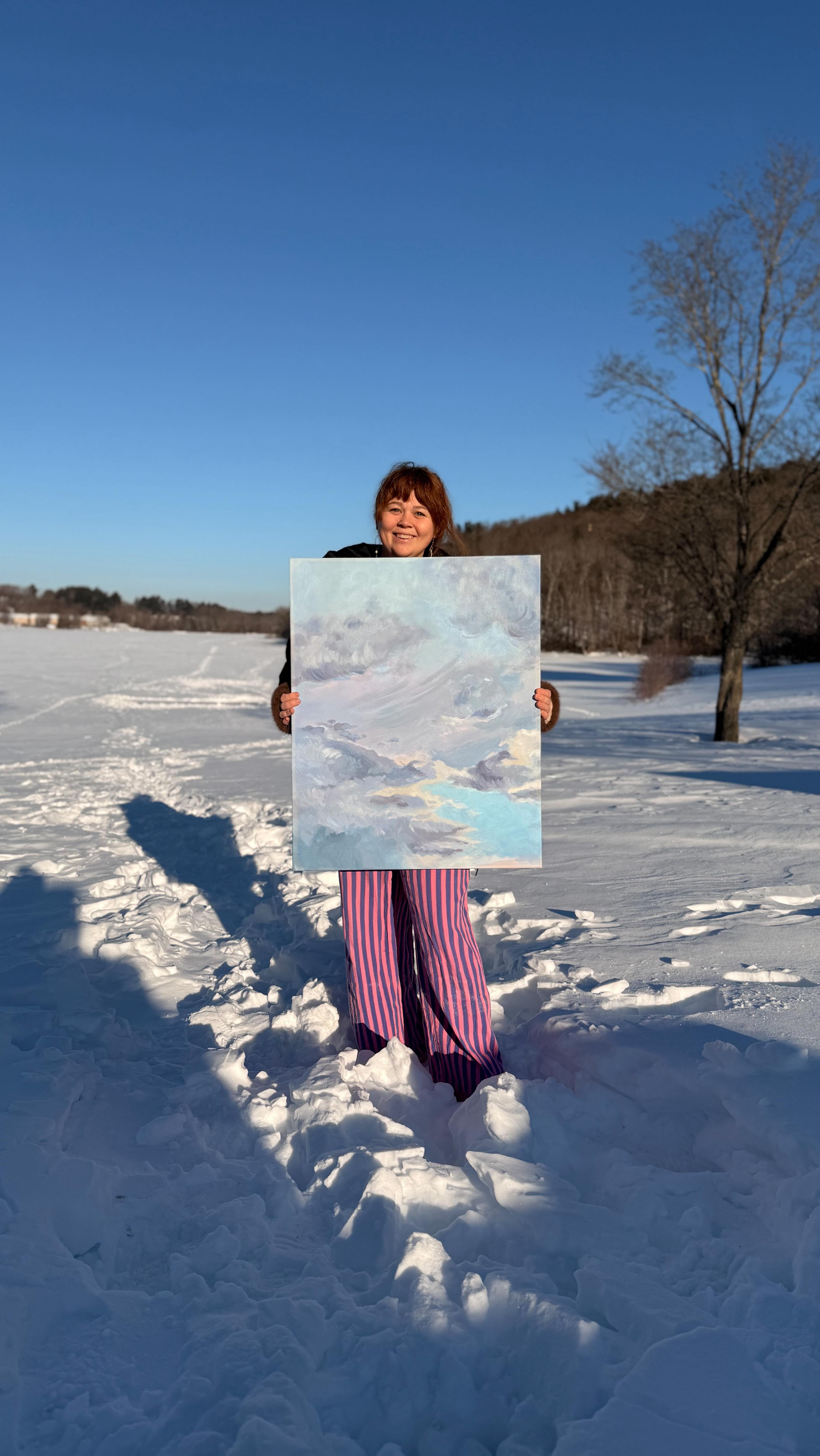 Knee deep in snow and f*cking freezing over here, but I’ll take a bluebird day whenever I can get it!
“Soft Light” (24”x30”, acrylic) is inspired by the soft quiet of peaceful moments staring at the sky, when the world mutes and the mind drifts.