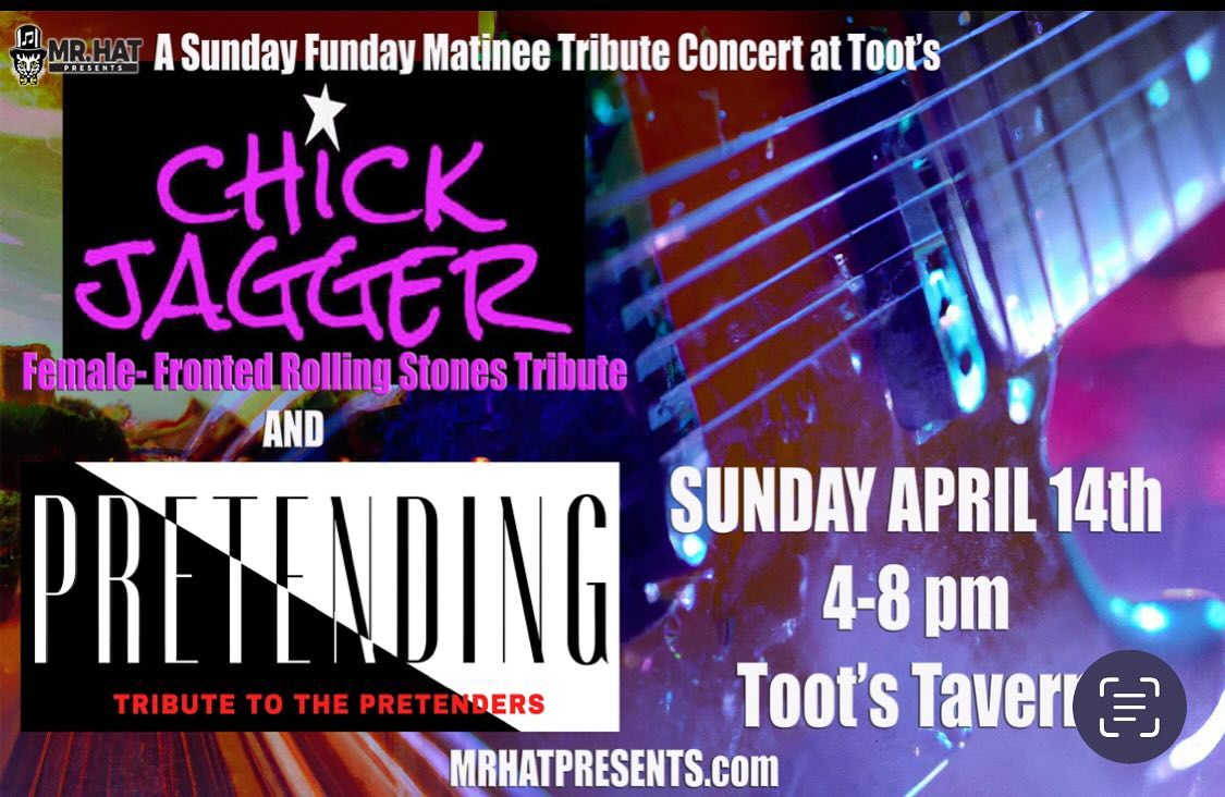 Sunday Sunday Sunday! Catch Chick Jagger @tootstavern in #crockett w/ Pretending! Show 4:20; Chick hits at 6:30! Thanks to @mrhatpresents ! #rollingstones #chick #jagger #tootstavern #pretenders #rocknroll #tribute #sunday #music #fun