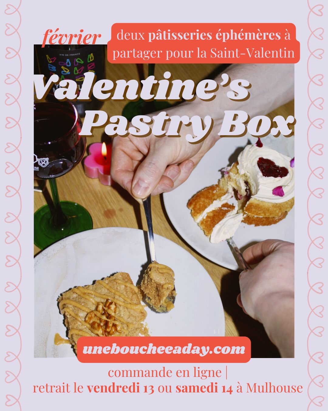 C’est le retour des Pop-Up Pastries ! Mais en version loveeeeeee 💖
Nouveau drop pour la Saint-Valentin : une pastry box PB&J (peanut butter and jelly, le classique américain 🥜🍰), deux pâtisseries originales à partager (ou pas !) avec un(e) ami(e) ou un date. 😘 Vous pouvez commander la boîte à partager ou les pâtisseries individuelles sur mon site web (lien dans ma bio) avant le jeudi 12 février. 🤓
👩🍳 Au menu ce mois-ci : le Blondie Cacahuète et le Mini Victoria Sponge.
Blondie cacahuète 🥜😋 : Comme un brownie, riche et gourmand, mais à base de beurre de cacahuète, garni de praliné cacahuète et des cacahuètes caramélisées.
Mini Victoria Sponge 🍰 : Sponge cake moelleux, garni de crème vanille onctueuse et d’une confiture framboise-litchi artisanale faite à Rixheim par @cmacueillette. (La confiture contient de la liqueur de litchi, veuillez me prévenir lors de la commande si vous voulez une version sans alcool.)
📆❤️ Les pastry boxes de la Saint-Valentin seront disponibles à récupérer UNIQUEMENT le vendredi 13 février (entre 15h-19h) ou le samedi 14 février (entre 14h et 18h) à @laquillemulhouse 10 rue de la Moselle ! Vous n’avez qu’à prévenir lors de votre commande à quelle heure vous souhaiterez venir. 📝
Hâte de share the love with y’all ! Bisous 🤤💌🫶