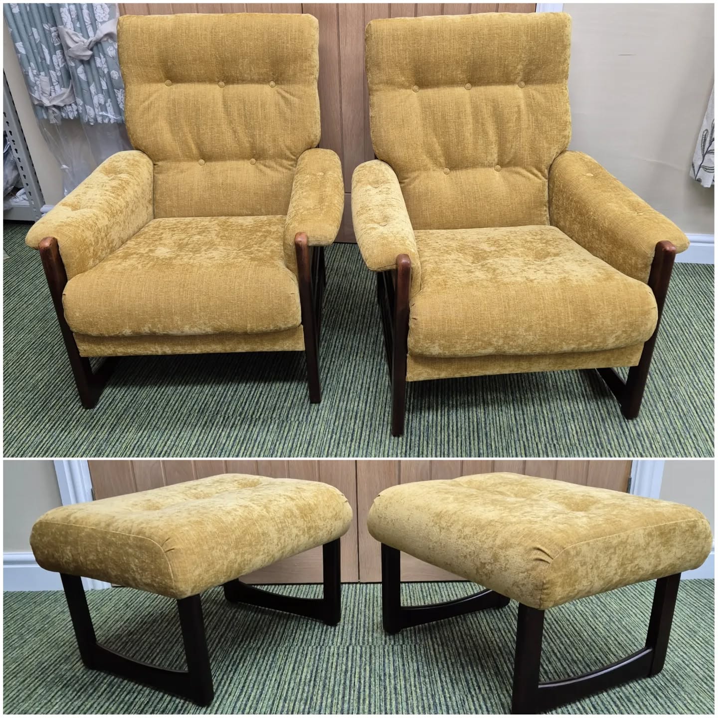 It was great to be asked to rejuvenate this pair of vintage chairs with their matching footstools. The client wanted to renew the upholstery and frames without hiding the original design and age. The use of Palma from Jane Churchill supported the look.
#walkerandwalker #handmadecurtains #reupholstery #softfurnishingsmaker #softfurnishings #handmadesoftfurnishings #handmade #curtainmaker #reupholsterer #handmaderomanblinds #madetomeasure #romanblindmaker #romanblinds #handmadecushions #cushions #janechurchillfabrics #vintagefurniture