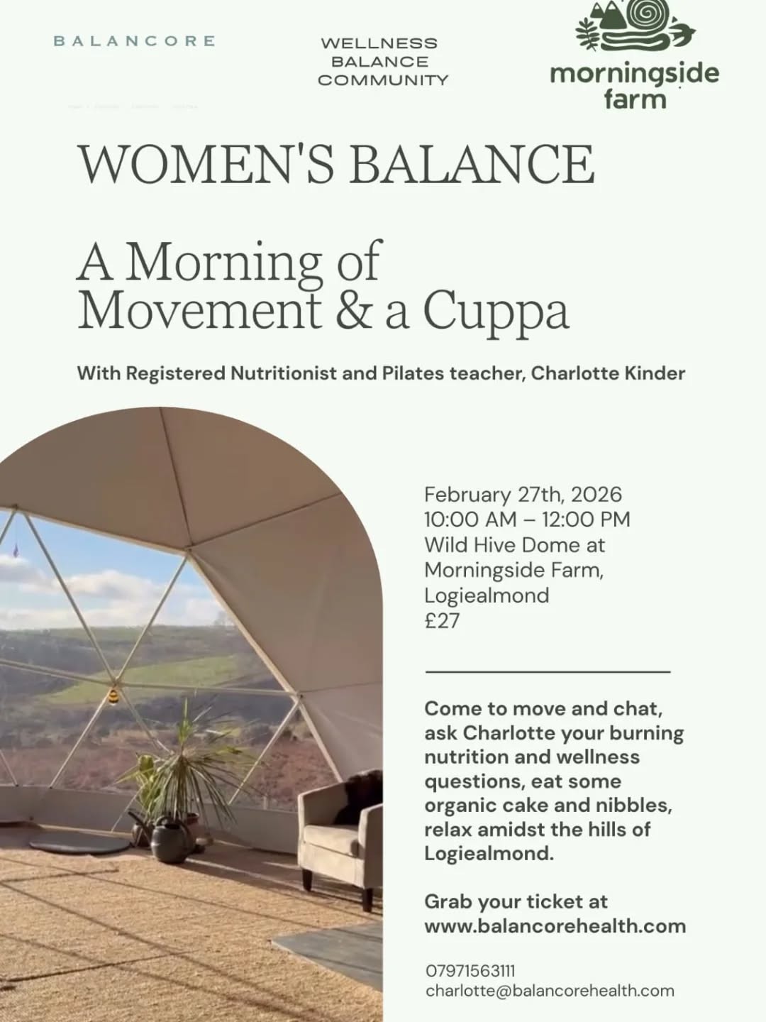 Come and join me in the beautiful, brand new Wild Hive Dome at Logiealmond for some Friday movement and wellness chats, 27th February 10-12noon...followed by a cuppa and cake of course. You'll also meet Lucy who has set up the dome and has such exciting plans for its next steps! DM here or head to my website for tickets / questions etc. xxx