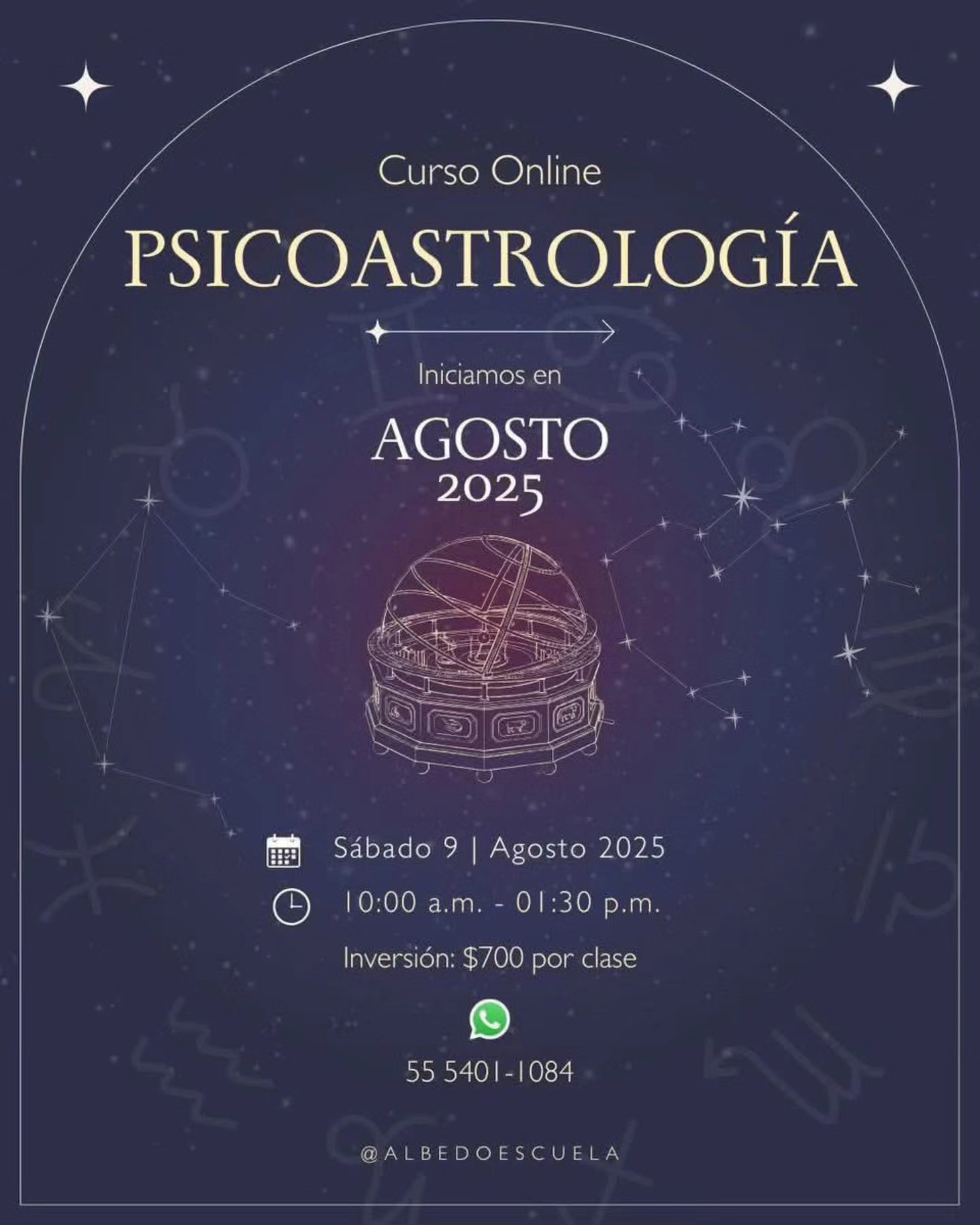 🌒✨ Curso de Psicoastrología: Conócete a través del cosmos ✨🌘
Inicia este sábado 9 de agosto 2025
🕙 De 10:00 a.m. a 1:30 p.m. (hora CDMX)
📍 Modalidad online por Zoom
🌌 ¿Y si tu carta astral fuera el mapa de tu alma?
Descubre cómo la astrología psicológica puede ayudarte a comprender tus patrones emocionales, tu forma de amar, tu sombra y tu propósito de vida.
Trabajaremos con tu carta natal desde una mirada terapéutica ,simbólica y mitológica.
Ideal para quienes quieren iniciarse o profundizar en astrología con una visión consciente, profunda y aplicable.
💫 ¿Qué incluye?
Lectura y análisis básico de tu carta natal
Principios de la astrología psicológica.
Arquetipos zodiacales, casas, signos.
Espacio para preguntas y experiencias personales
Grabación de cada clase disponible
🌀 No necesitas conocimientos previos. Solo ganas de mirar dentro de ti.
📩 Cupo limitado
Inscripciones por DM o al 55 5401 10 84
🔮 ¿Estás listx para comenzar a leer tu vida con otros ojos?