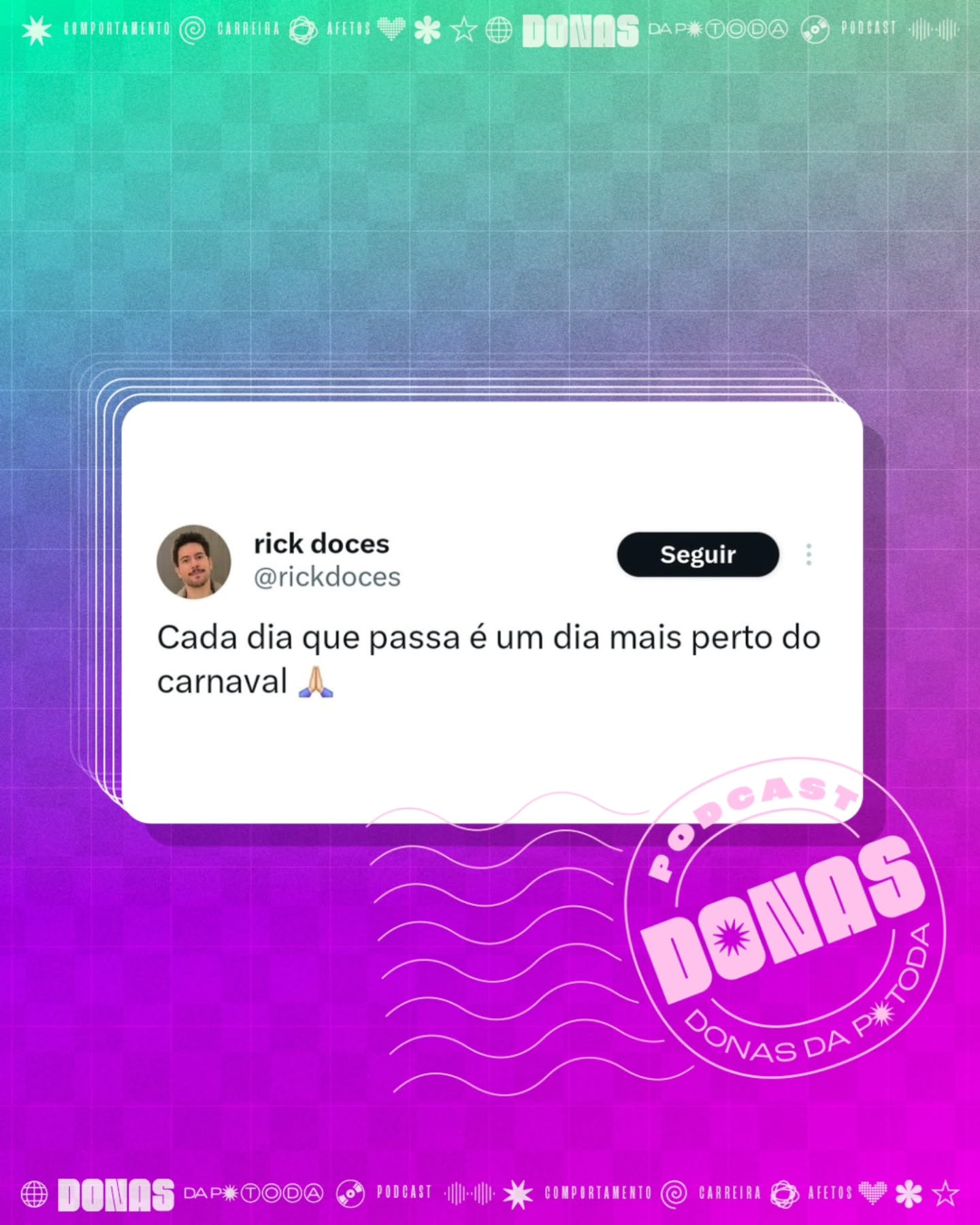 Segunda-feira, 9 de fevereiro de 2026. Prontas para mais uma semana e mais uma curadoria de tweets?
Nesta terça tem episódio novo no ar. Aproveita para seguir o Donas e avaliar com 5 estrelas no Spotify e na Apple Podcasts.
Contribua com a nossa campanha de financiamento coletivo em apoia.se/donasdaptoda e receba conteúdos exclusivos, brindes e muito mais
#donasdaptoda #podcasts #mulherespodcasters