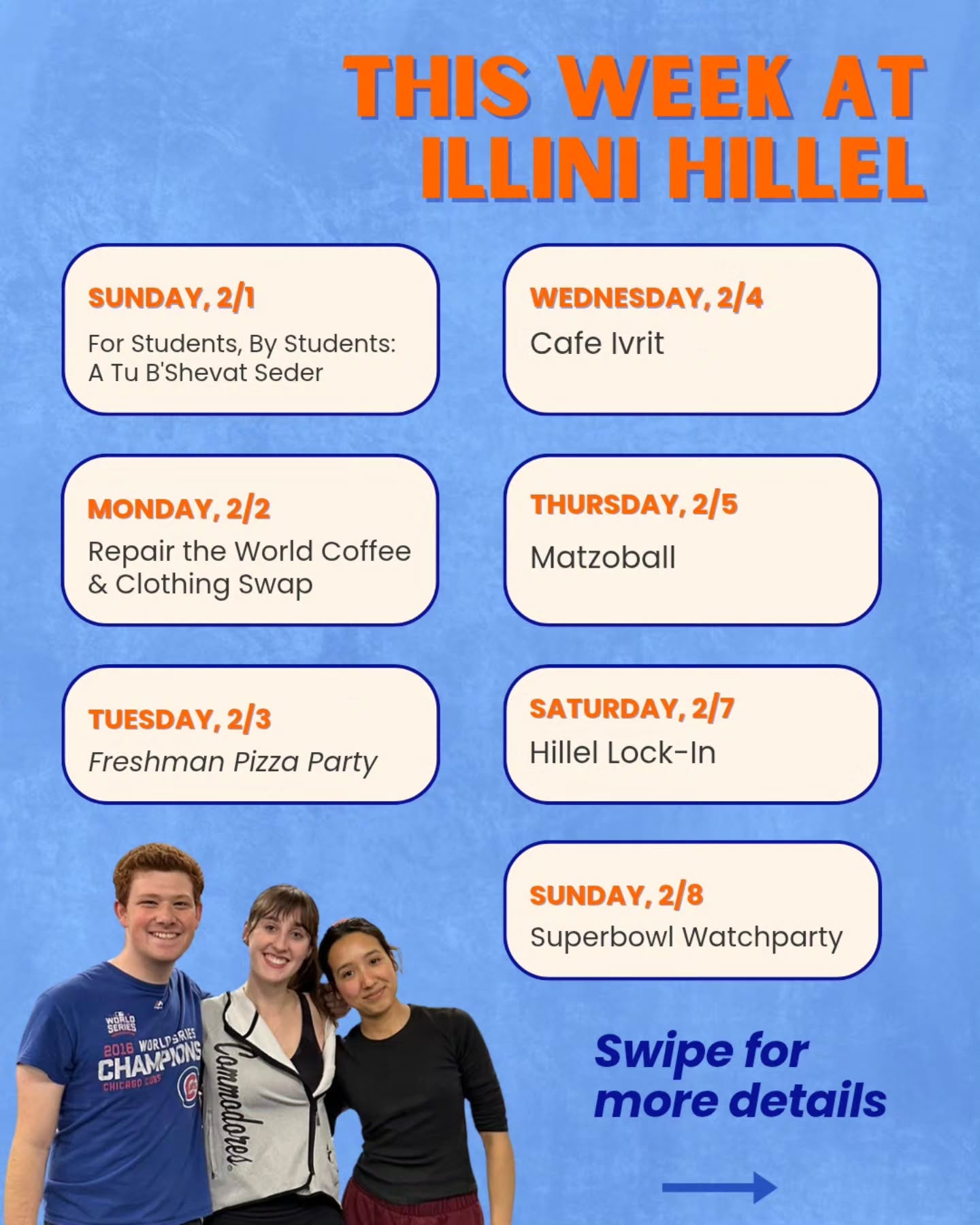 Swipe to learn more about what's happening this week at Illini Hillel!!