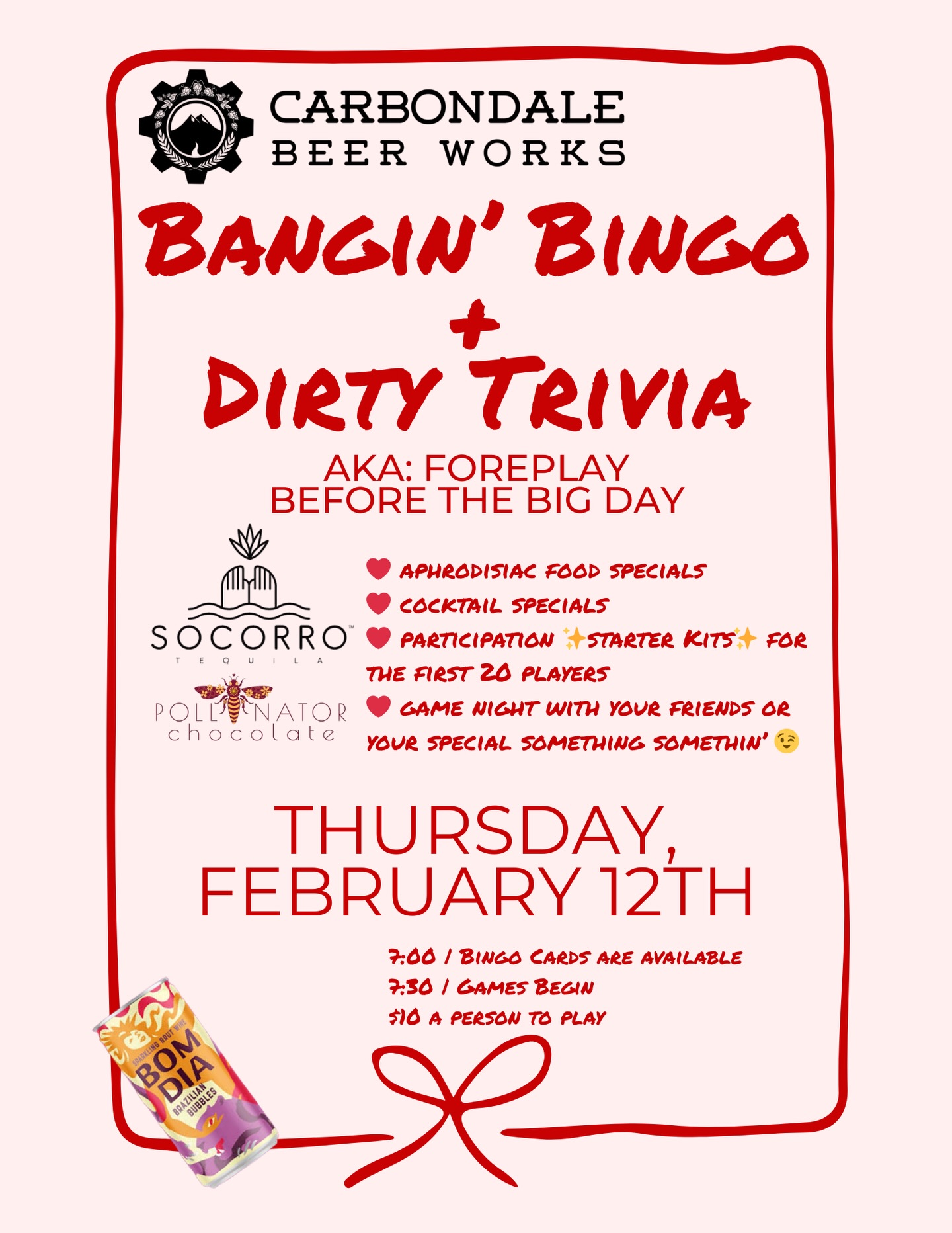 Come join us tomorrow night for a night of Bangin’ Bingo and Dirty Trivia with @mugsy_fay , @socorrotequila , @pollinatorchocolate , and @bomdiabubbles ! Get settled in at 7:00 and start playing at 7:30. Perfect Thursday night fun with friends or a special someone ❤️
#carbondalebeerworks #carbondalecolorado #valentines