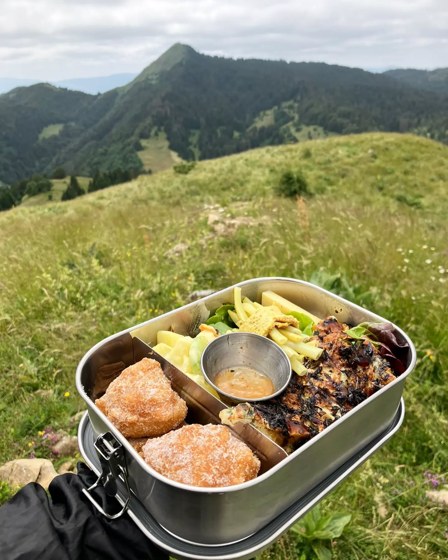 Bento box
Okonomiyaki/fagots aux haricots beurre sauce aigre doux/omelettes au lait de coco/salade de pomme de terre comme au Japon/pets de nonne/Comté
