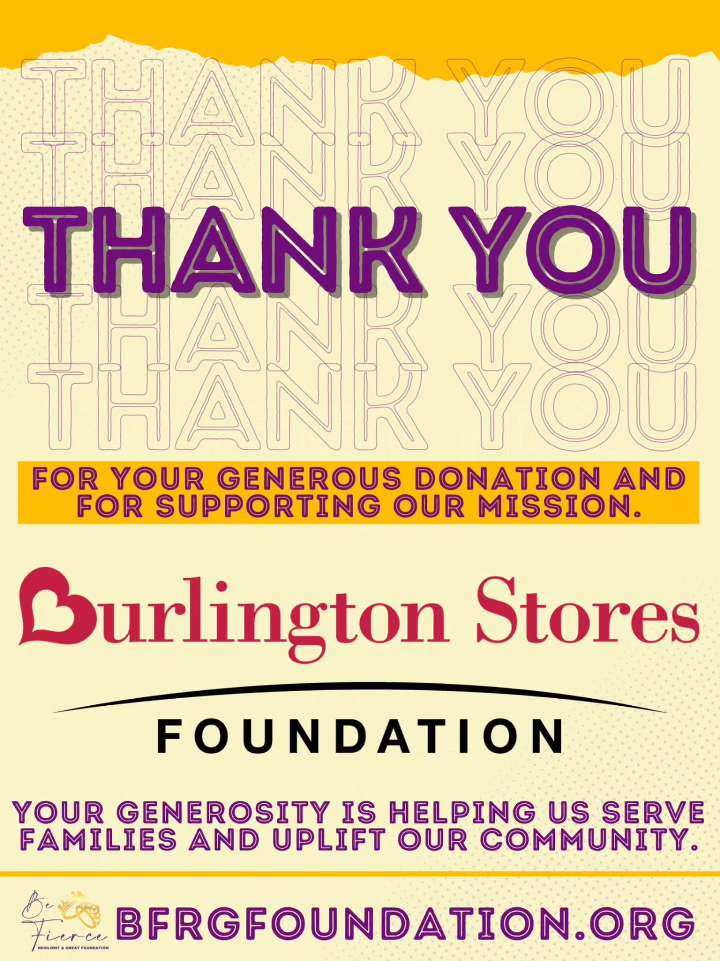 We are incredibly grateful to Burlington Stores Foundation for their generous donation and for supporting our mission.
Because of your generosity, BFRG Foundation is able to provide resources, support, and hope to families and individuals in our community who need it most. 💜
Thank you for believing in the work we do and for helping us make a real impact. Together, we are building stronger, more resilient communities.
#ThankYou #BurlingtonStoresFoundation #CommunitySupport #NonprofitImpact #BFRGFoundation GivingBack StrongerTogether