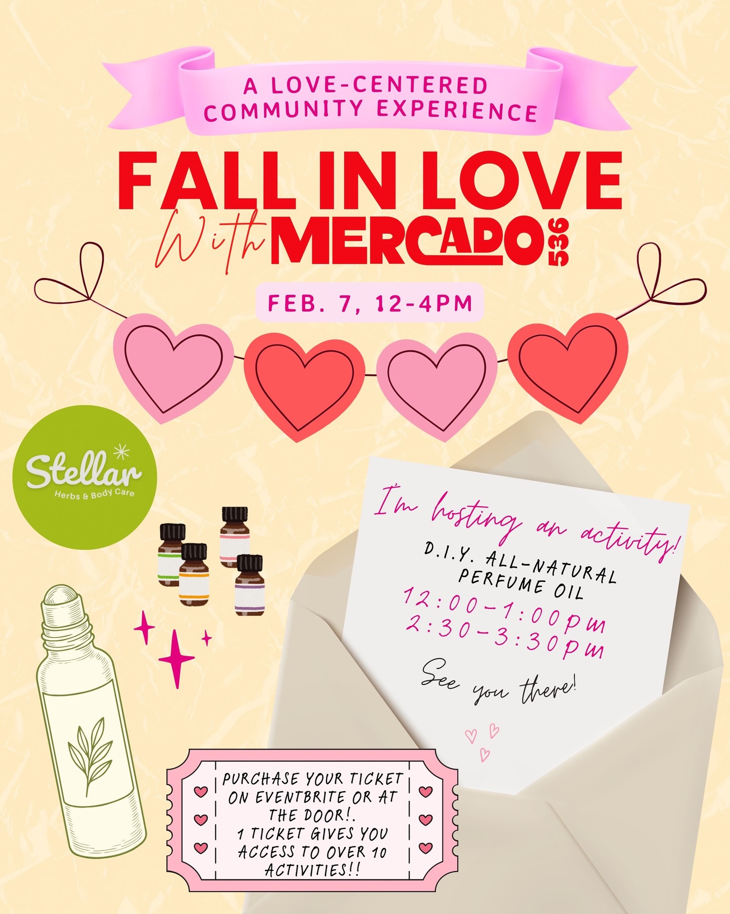 This Saturday! I’m hosting an activity: DIY all natural perfume roll on oil! I’m bringing my most romantic scented essential oils and guiding you to make your own perfume blend at our Fall In Love with Mercado 536 Event! 💘 Join in on the Valentine’s Day prep fun. 1 ticket gives you access to my activity + 10 more!! Perfect chance to make your own Valentine’s Day gift or shop for one at @mercado.536 💌🛍️
Purchase your tickets on Eventbrite, link in my bio. You can also purchase tickets at the door. 1 ticket is $20, or bring a valentine and get $5 off- 2 tickets for $35. Kids participate for free with adult supervision.
See you there!! 💘