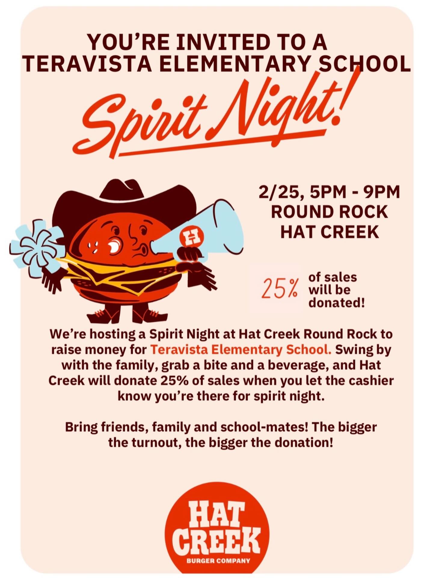 Update! Our February spirit night is now at Hat Creek! February 25 from 5–9 PM
3700 E Palm Valley Blvd, Round Rock, TX 78665