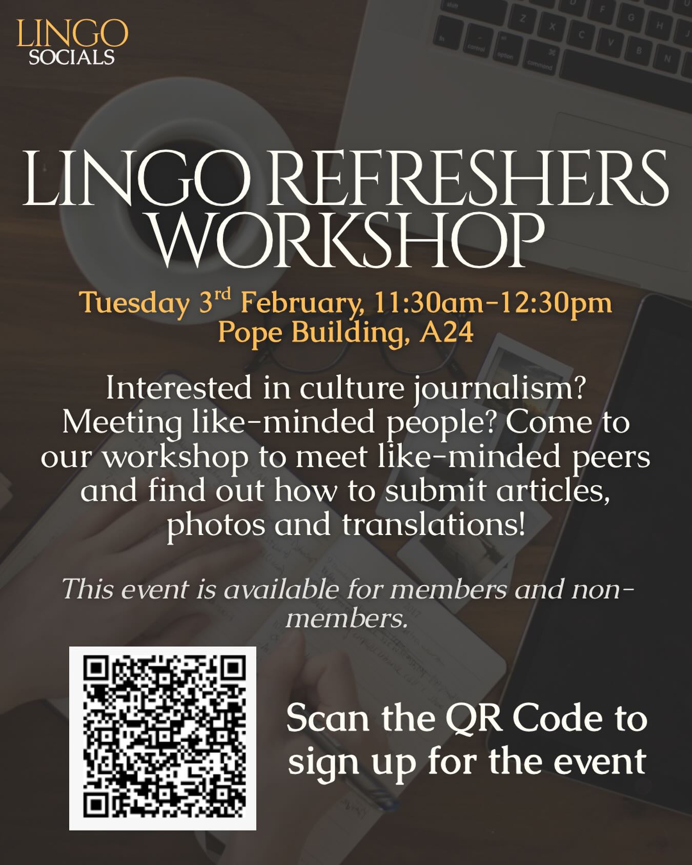 First event of the year! If you fancy learning more about Lingo, sign up to this free workshop by using the QR or looking at the link in our bio. Can’t wait to see you there! 💛