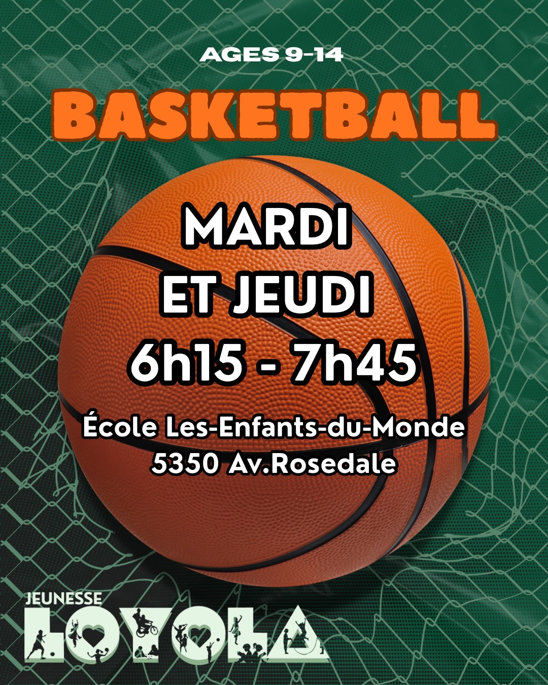 Basketball à l’école Les-Enfants-du-Monde chaque Lundis! Venez nous rejoindre! L’activité est complètement gratuite.
Rendez-vous au 6975 Avenue Chester au Parc Gibert-Layton pour qu’on y aille ensemble ou rendez-vous directement au 5350 Avenue Rosedale à 18h15 devant l’entrée principale.
Chaussures et vêtements de sports sont OBLIGATOIRES pour participer à nos activités sportives. Une bouteille d’eau est aussi fortement recommandé!
📍5350 Avenue Rosedale
À bientôt!
//
Basketball at Les-Enfants-du-Monde School every Monday! Come join us! The activity is completely free.
Meet us at 6975 Chester Avenue in Gibert-Layton Park so we can go together, or meet us directly at 5350 Rosedale Avenue at 6:15PM in front of the main entrance.
Athletic shoes and clothing are REQUIRED to participate in our sports activities. A water bottle is also highly recommended!
📍5350 Rosedale Avenue
See you soon!