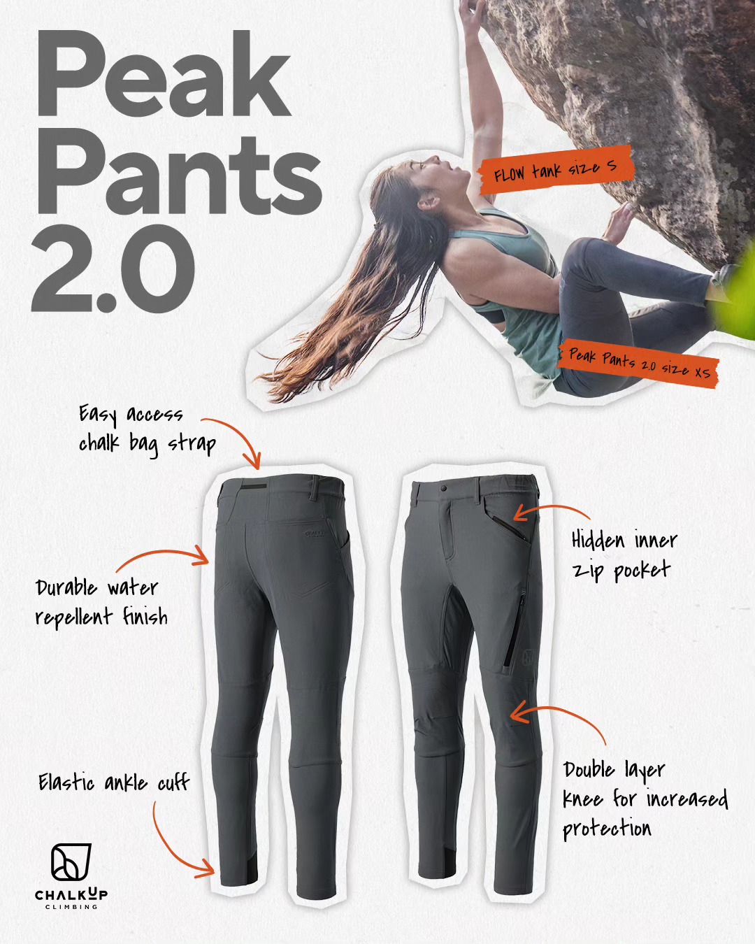🩶 The Ash Peak Pants 2.0 🩶⠀
⠀
Some new key features of our fresh pants: ⠀
⠀
💫 New material, more durable, same stretch and less pilling⠀
📏 Increased size range from XXS to XL⠀
👖 Slim fit (size up for straight fit)⠀
🦵 Double layer knee for increased protection⠀
⠀
Don't forget if you own the first release of our pants, you can get 50% off the new Peak Pants 2.0 by sharing a photo crushing in them or sharing a copy of your invoice. Send us a DM for more info 🙏⠀
⠀
#chalkupclimbing #climbingpants #peakpants #climbingapparel #chalkupcrushers #outdoors #adventure #fitness #gear #techwear #apparel #timetoshop #bouldering #rockclimbing #strong