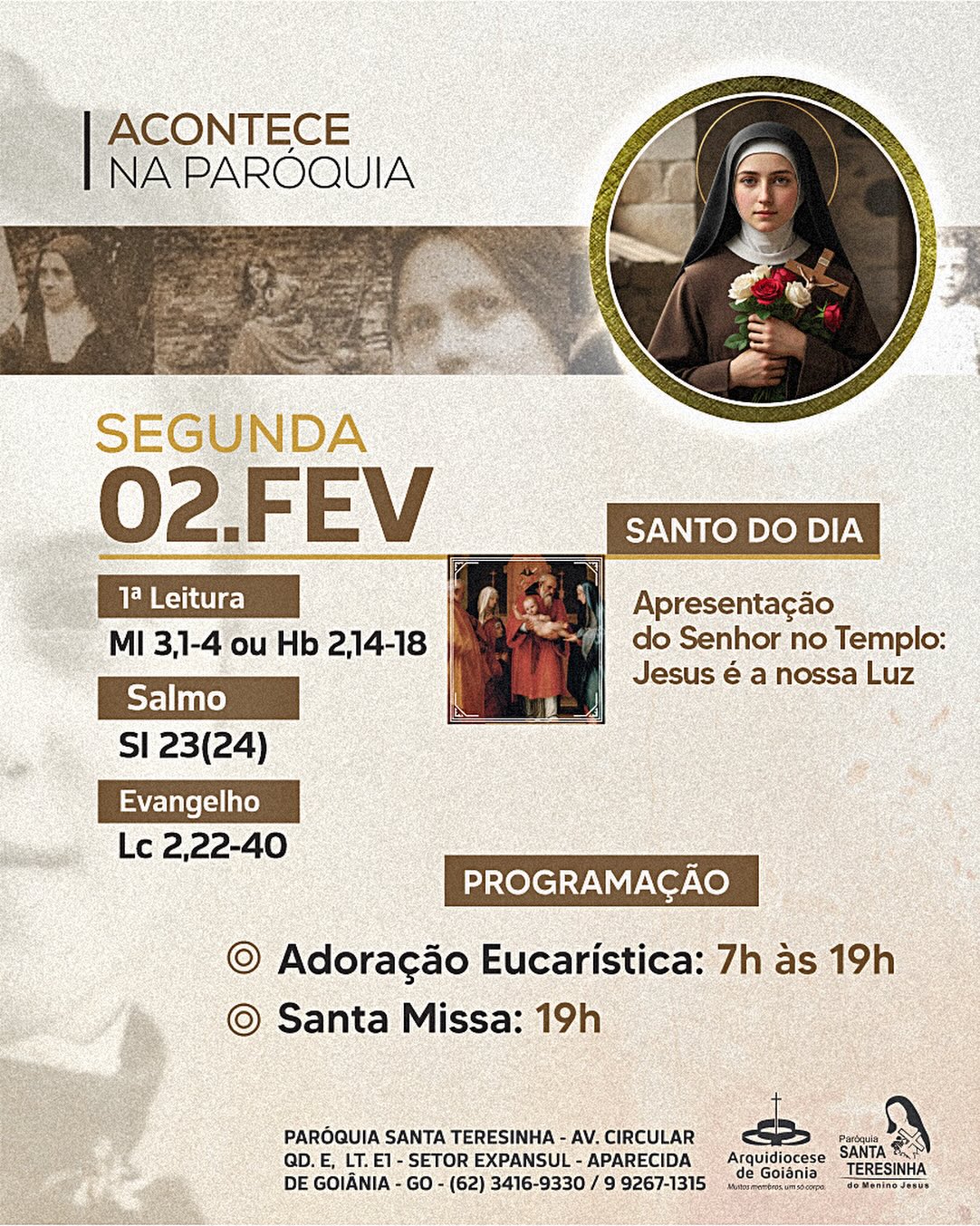 Programação para esta segunda-feira (02), na Paróquia Santa Teresinha.