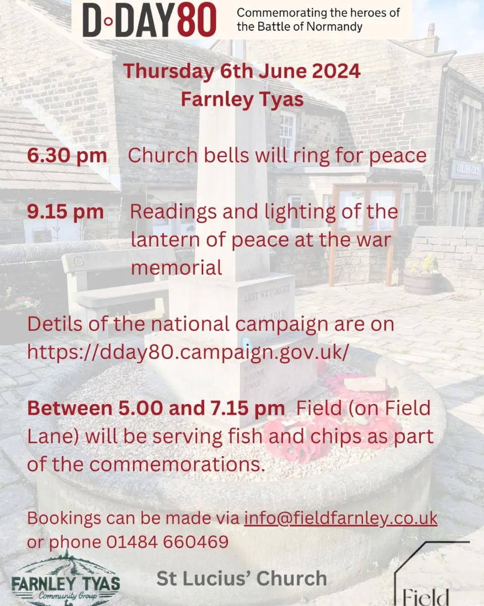 D Day 80 Commemorations today
On Thursday 6th June, the village will commemorate the 80th Anniversary of D Day. The church bells will be rung at 6.30 pm. And at 9.15 pm, there will be readings at the war memorial and the lantern of peace will be lit. Please do come along and join us in remembrance.