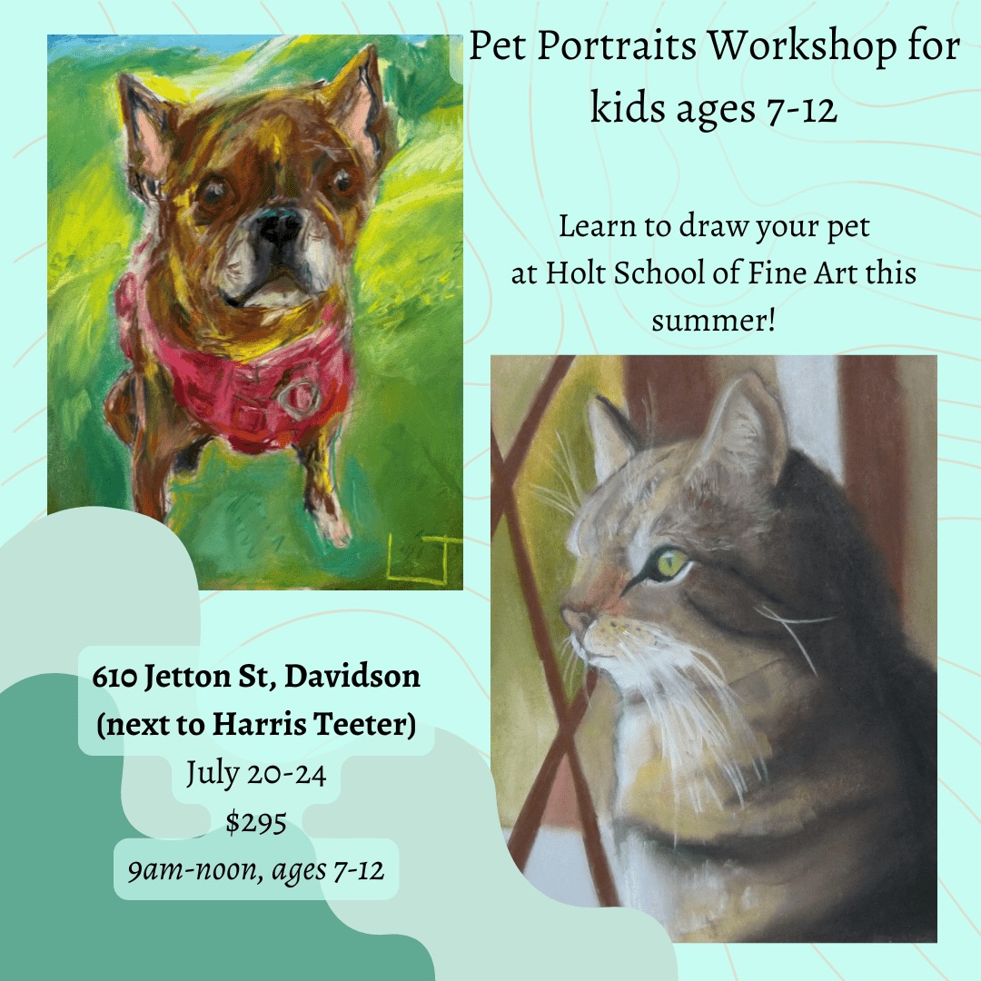 Join us in Davidson this summer and create a pastel portrait of your pet or dream pet! Registration is available on our website now.
#davidsonnc #artworkshop #corneliusnc #huntersvillenc #lakesideofclt
