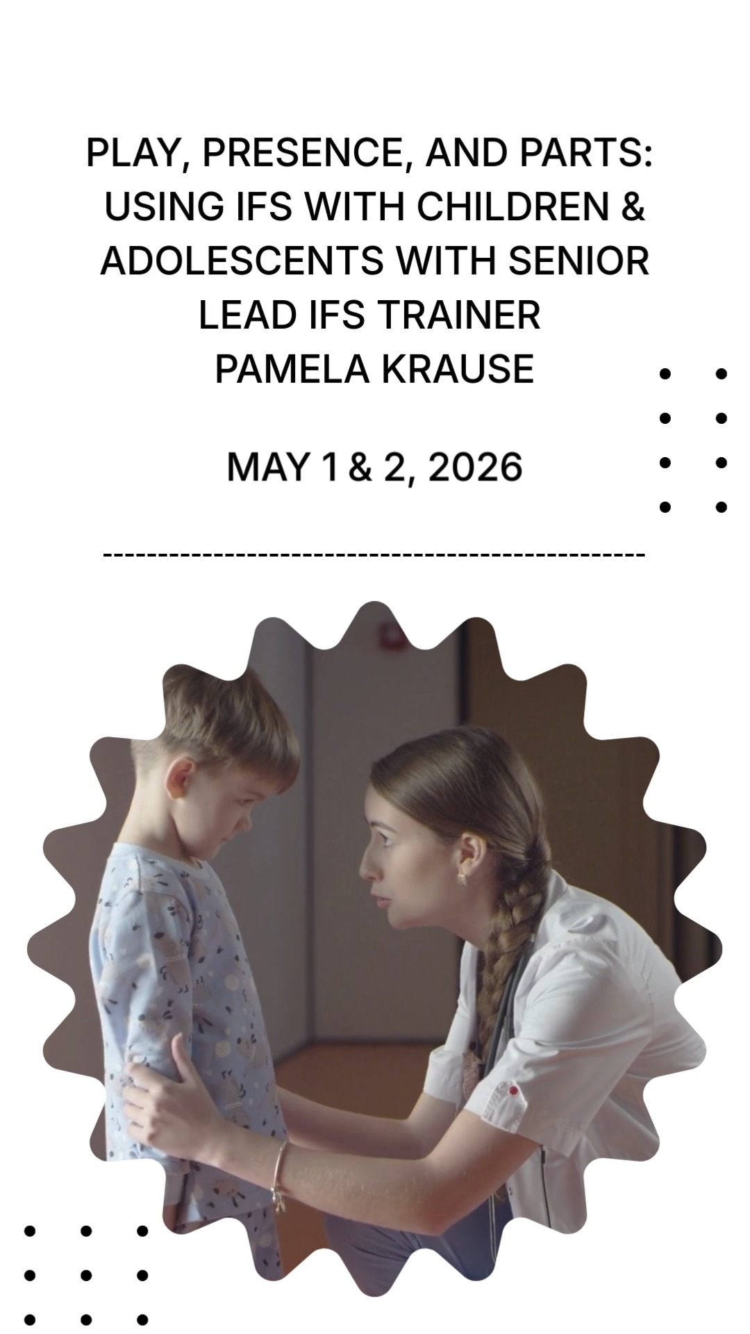PLAY, PRESENCE, AND PARTS: USING IFS WITH CHILDREN & ADOLESCENTS WITH SENIOR LEAD IFS TRAINER PAMELA KRAUSE – MAY 1&2, 2026, ONLINE 🎈
This 2-Day Experiential workshop is all about working with Children and Adolescents through an IFS Lens. 👧🧒✨
Participants will explore how to adapt both In-Sight and Direct Access approaches for younger populations, while strengthening their embodied sense of Self to support safety, attunement, and clarity in therapeutic work. 👐💛🌱
Applications are now open for this 2-day online workshop in May 1 & 2, 2026 💻🗓️✨
#IFS #InternalFamilySystems #ChildTherapy #AdolescentTherapy #PlayTherapy #PartsWork #TraumaInformed #TherapistTraining #OnlineWorkshop #ExperientialLearning #MentalHealthProfessionals #EmbodiedSelf #Attunement #ClinicalSkills #pamelakrause