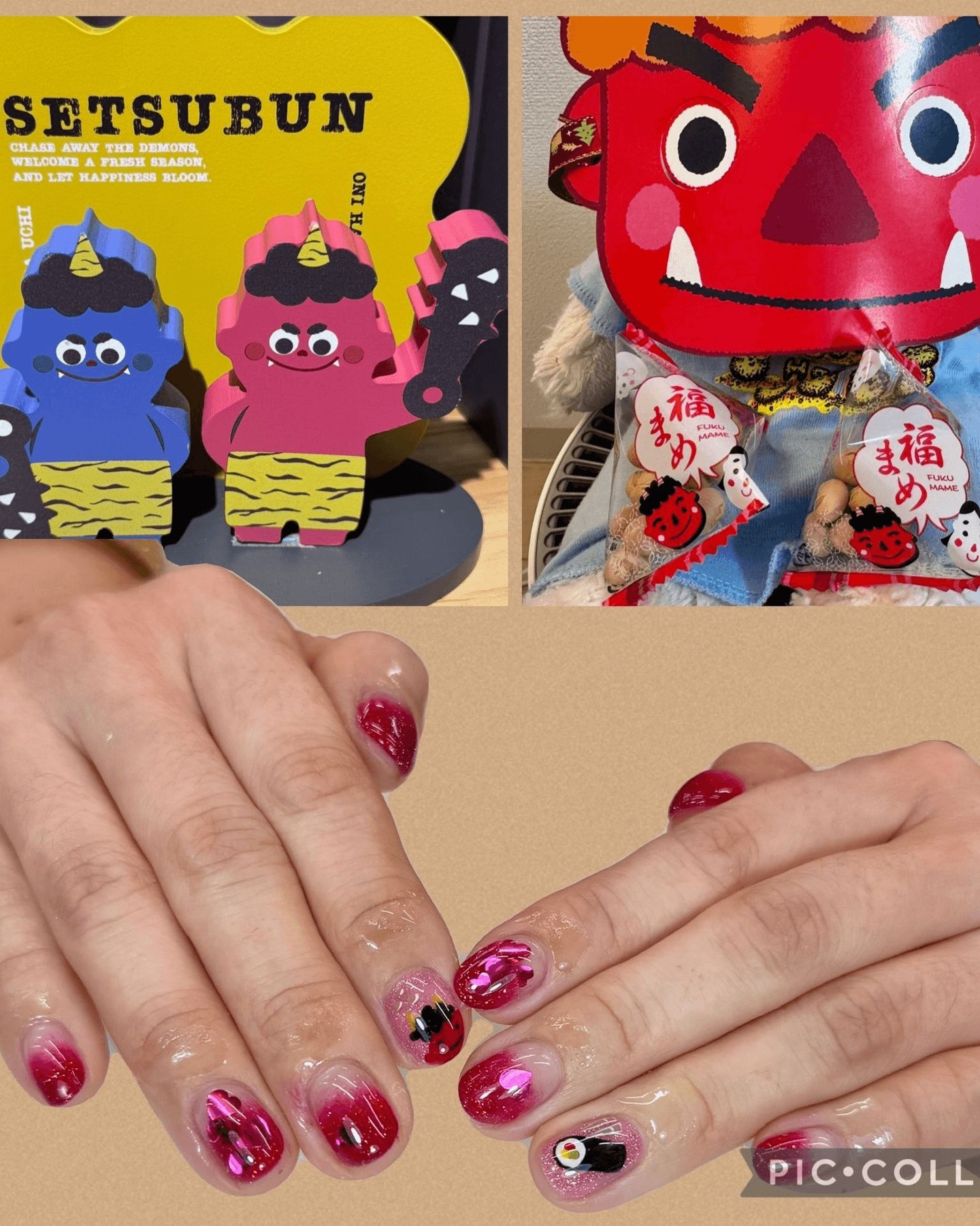 Setsubun (節分): Transition from winter to spring, celebrated on 3 February 👹🫘
One of the main customs is called mamemaki, where roasted soybeans, known as fukumame, are thrown while saying, “Oni wa soto! Fuku wa uchi!”—“Demons out, fortune in." The other is quietly eating ehōmaki (lucky direction sushi roll) while facing this year’s lucky direction (SSE or approximately 157º). The maki is not to be cut.
I love how Setsubun makes room for both intention and play. It was fun experiencing this tradition for the first time.
Shoutout to my bear pal, Mochi, for being an excellent oni (hehe).
My Setsubun (and Valentine’s)-themed nails were a last-minute idea, but totally worth it!
Left pointer: fukumame thrown on the oni | Right ring: ehōmaki
#setsubun #節分 #wintertospring #tasteoflife #Japaneseculture ##goodluck