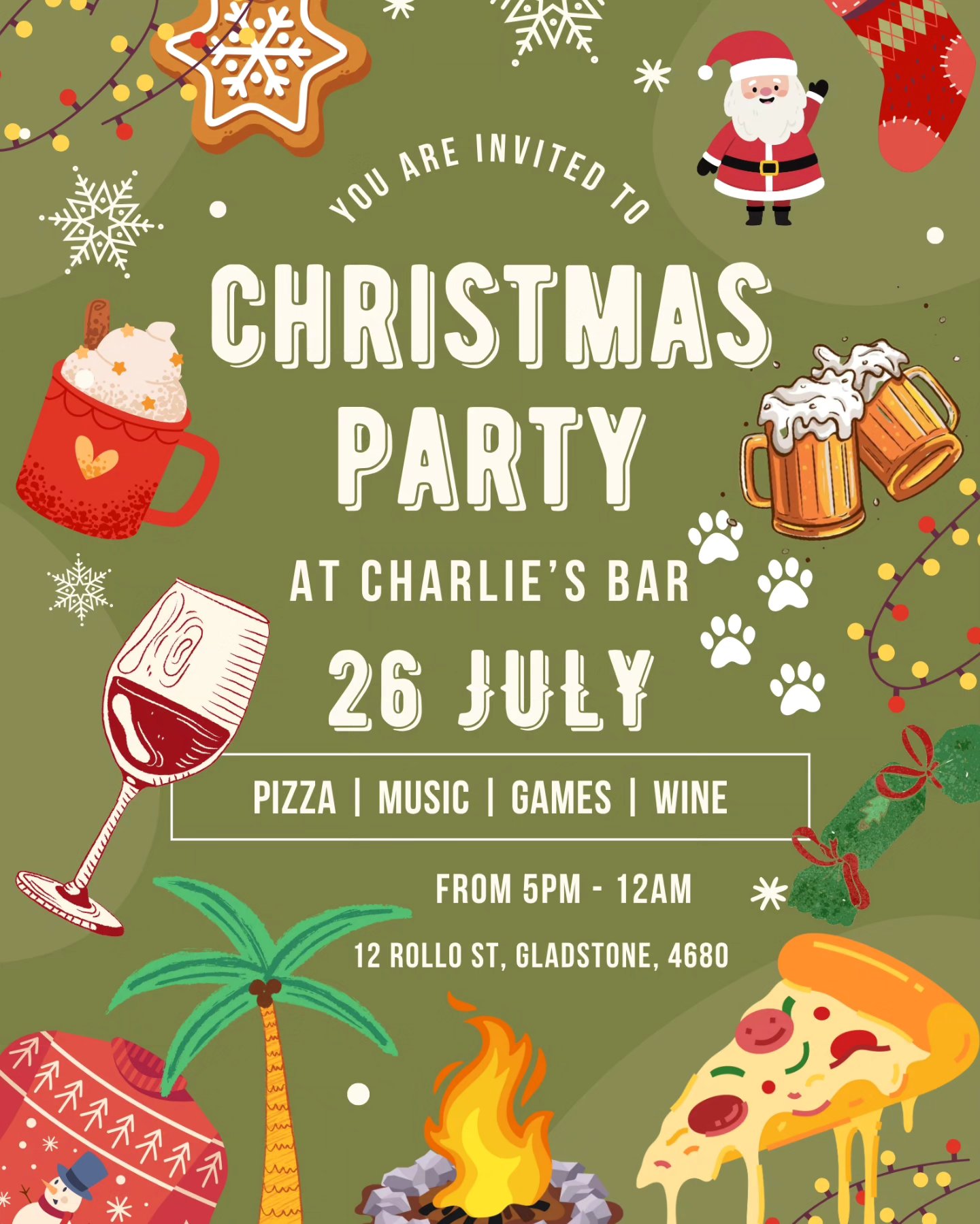 CHRISTMAS IN JULY AT CHARLIE'S BAR 🤶🎄🎅🍷🍕 this Saturday!!! O come all ye faithful