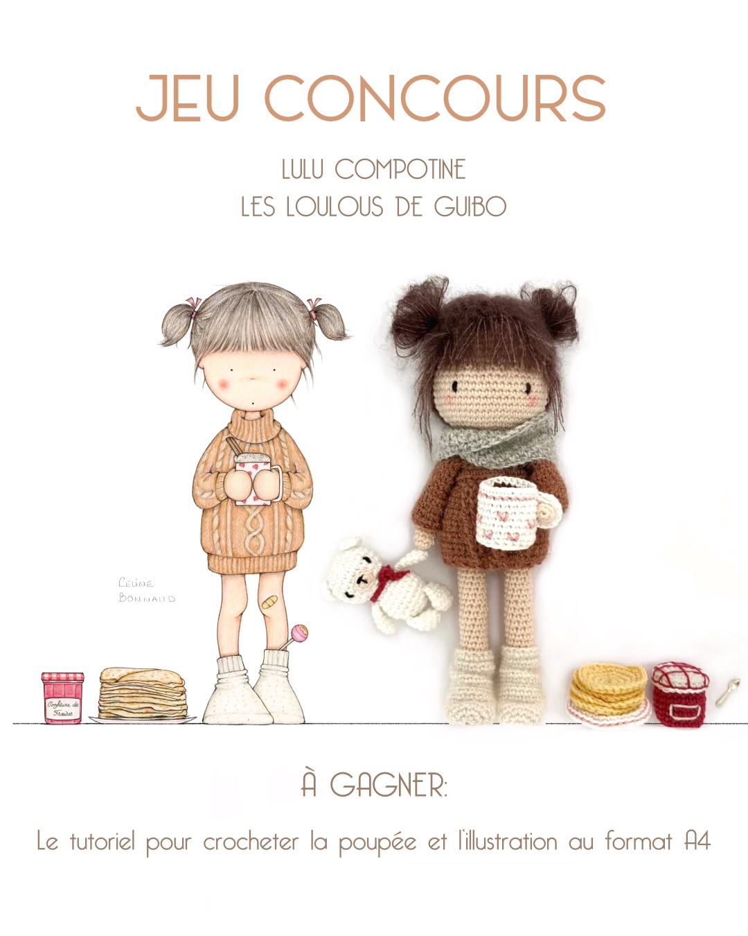 💛 CONCOURS TERMINÉ 💛 Bravo à @gali.jade qui remporte nos jolis lots !
Pour célébrer la Chandeleur et vous remercier de l’accueil réservé à notre petite Mia, Céline et moi avons décidé de vous gâter.
Nous vous proposons de remporter la jolie illustration imprimée en format A4 qu’elle a revisitée pour l’occasion (avec l’assiette de crêpes et le pot de confiture) ainsi que le tutoriel PDF de Mia et un second de votre choix
✔️pour participer il vous suffit de
• suivre nos deux comptes @les_loulous_de_guibo et @luciennecompotine
• laisser un commentaire en invitant un ami à participer
• liker ce post
Le gagnant sera tiré au sort vendredi 6 au soir !
Bonne chance à tous 🍀
#concours #chandeleur #lesloulousdeguibo #illustration #lulucompotine