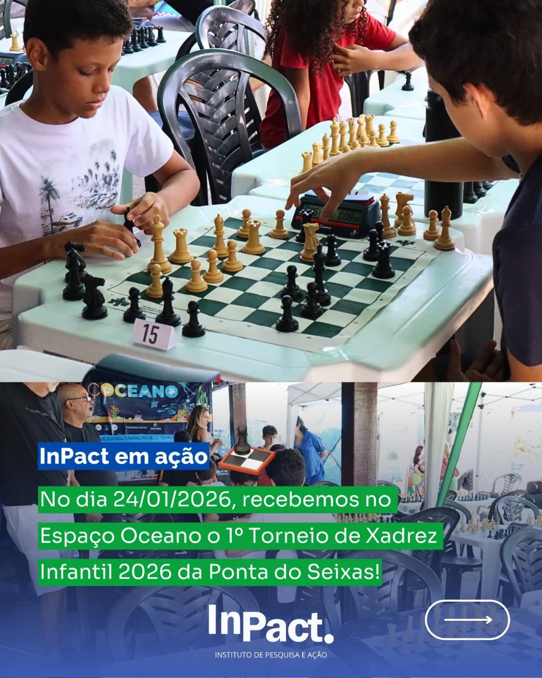No dia 24/01/2026 foi dia de checkmate no Espaço Oceano com o 💥 1º Torneio Infantil de Xadrez da Ponta do Seixas! ♟️✨
Pequenos estrategistas com grandes talentos mostraram que, com foco e coragem, cada jogada é uma nova conquista.
🌟 Parabéns a todas as crianças que participaram — pela garra, concentração e espírito esportivo!
🏅 Obrigado às famílias, árbitros e apoiadores por fazerem desse dia um momento inesquecível.
Que venham mais torneios, mais aprendizados e muitos jogos cheios de emoção! 😊🎯
