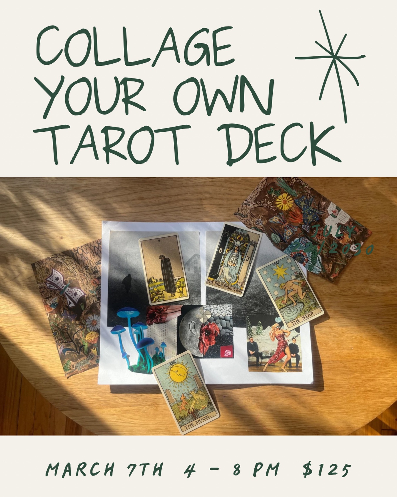 New Workshop! ✨
Collage Your Own Tarot Deck; in this workshop we will provide you with a blank tarot deck and collage materials to create your own iconography for your very own tarot deck. We’ll explore the major and minor arcanas, talk about about art and the occult as well as esoteric imagery and symbolism. 🔮