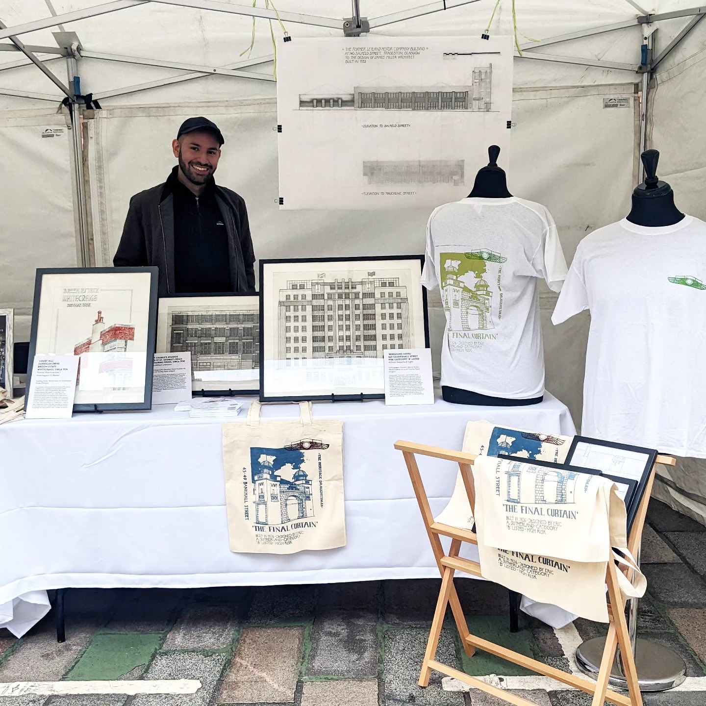 Popping up at the Merchant City Festival today! Rizwan showcasing work, making contacts and chatting about his passion - Glasgow's built heritage, with examples of original hand drawn pieces and screen printed designs @the_heritage_draughtsman @articulateculturaltrust