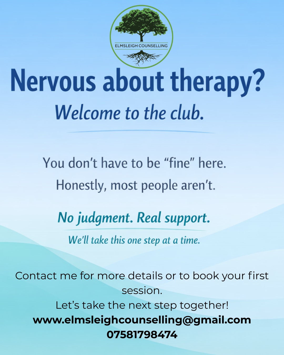 Feeling stuck, anxious, or just “off”? That’s normal.
Therapy isn’t about fixing you — it’s about support, clarity, and understanding.
Reach out today to book your first session. Special offer on first session for only £35 for a limited time.
#therapy #counselling #elmsleighcounselling #mentalhealth #health #selfcare #stress #anxiety #relationships #help #uk #online #wellbeing #overwhelm #work