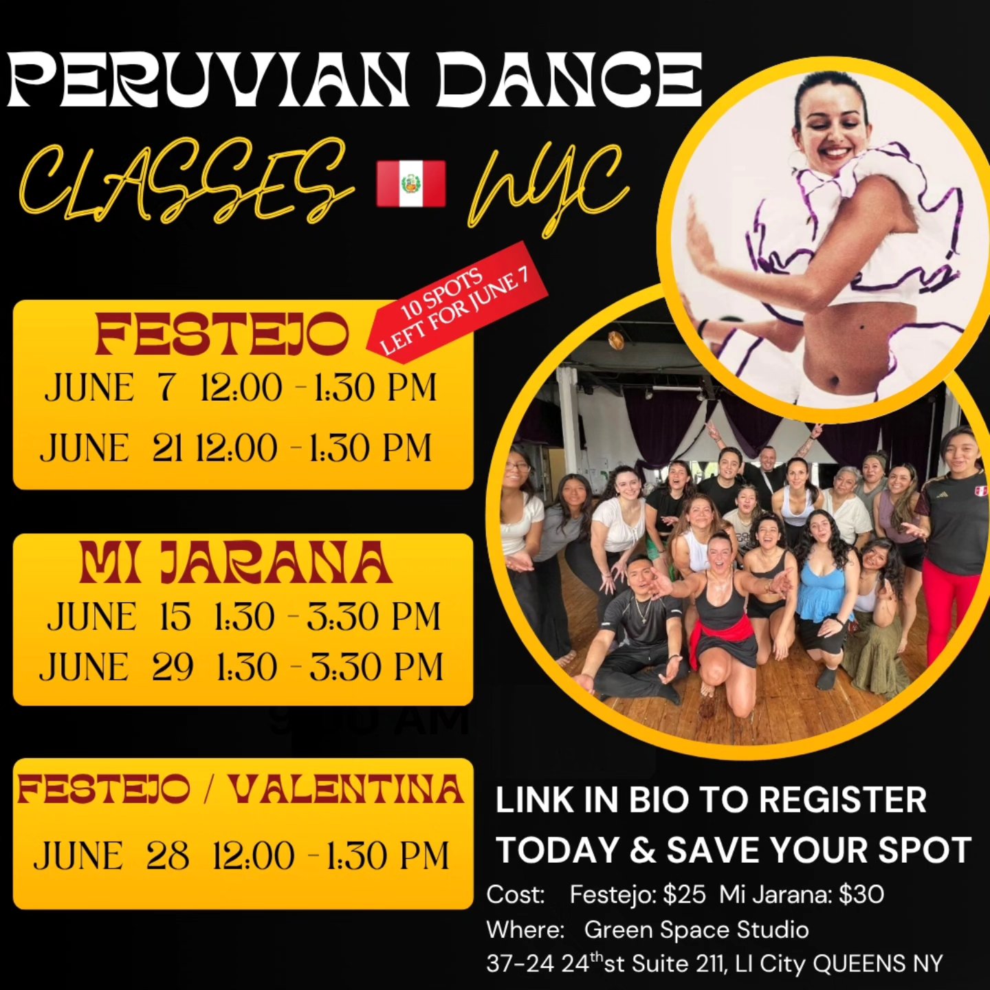 Hola mi gente ! I'm so very excited to share my upcoming Peruvian dance classes en mi NuevaYol 🇵🇪💃🏽🔥
All are welcome ! Read below for more info. Vamos pa' yaaa!
✅️ Important: Register & reserve your spot by clicking the link in my bio. Any questions? DM me and I'll get you on track to dancing 💃🏽💯
LOCATION, PRICING, CLASS DESCRIPTIONS:
LOCATION: QUEENS, NY
Greenspace Studio
37-24 24th St Suite 211
Long Island City NY 11101
website: greenspacestudio.org
COST * with prepayment with registration:
Festejo - $25 Mi Jarana: $30
CLASSES:
* FESTEJO: (Open level)
In this class students will celebrate & learn to dance to the Afro-Peruvian traditional rhythm of Festejo. Leads students from the root, history & ritual of the basic steps to a high energy, connected dance experience. OPEN level: Beginners are welcome & dancers who want to refresh and return to the root of festejo.
----------------------------------------------------
* MI JARANA: (Open level)
Special 2 hour fiesta inspired Peruvian dance experience !
This class is a step-by-step dance journey to several regions of Peru through dance(costa, sierra y selva). It's a 'jarana en la sala' playlist and a vibe that I enjoyed as a child at my family parties in Peru. We will explore dances such as Festejo, Alcatraz, Huayno, Cumbia Amazonica, Marinera, Salsa Peruana and more. I will teach the basics steps and encourage you to find your inner jarana ! Con su recutecu, ofcourse ! Open level, high energy & fun, so bring all your tias. If you need to get loose, dance and reconnect con la vibra Peruana, this is the class for you.
-----------------------------------------------------
* FESTEJO /VALENTINA - (Int. Level)
An intermediate level Festejo class focusing on Valentina style. Helpful for students who have a base in traditional Festejo, afro diasporic dance, or comfortable with a faster pace. Students will begin at the root of traditional festejo basics and work their way into Valentina style, intricate combinations with an emphasis on technique and expression.
#peruviandanceclassnyc #afroperuvianheritagemonth #kaypachadance #nyc