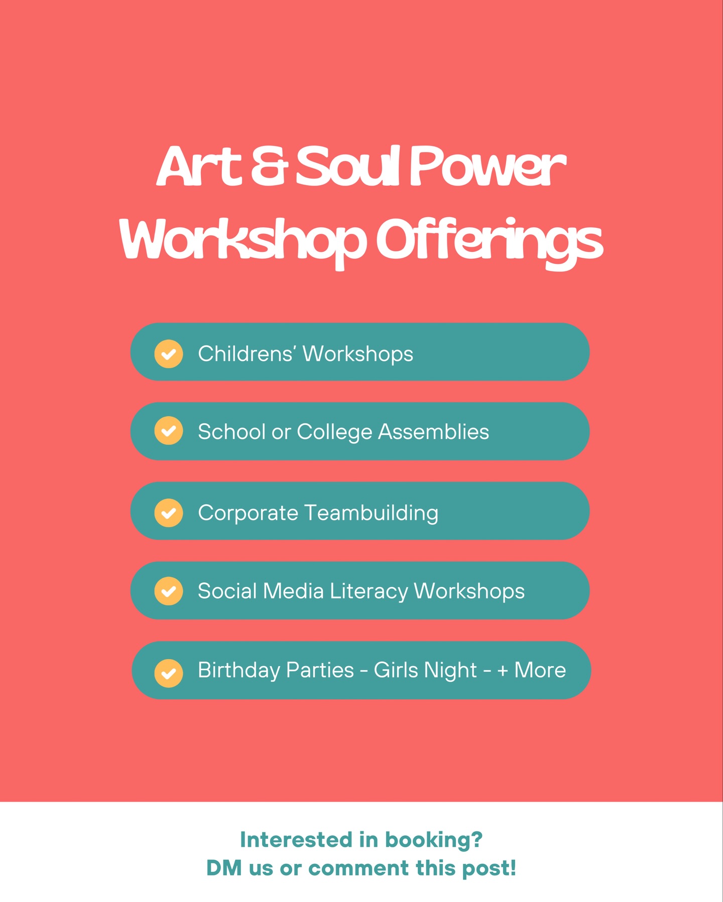 Art & Soul offers social media literacy workshops, corporate digital wellness programs, parent and educator trainings, and community-based art and wellness experiences.
Each program is interactive, trauma-informed, and designed for real-world impact.
DM to learn more or book!