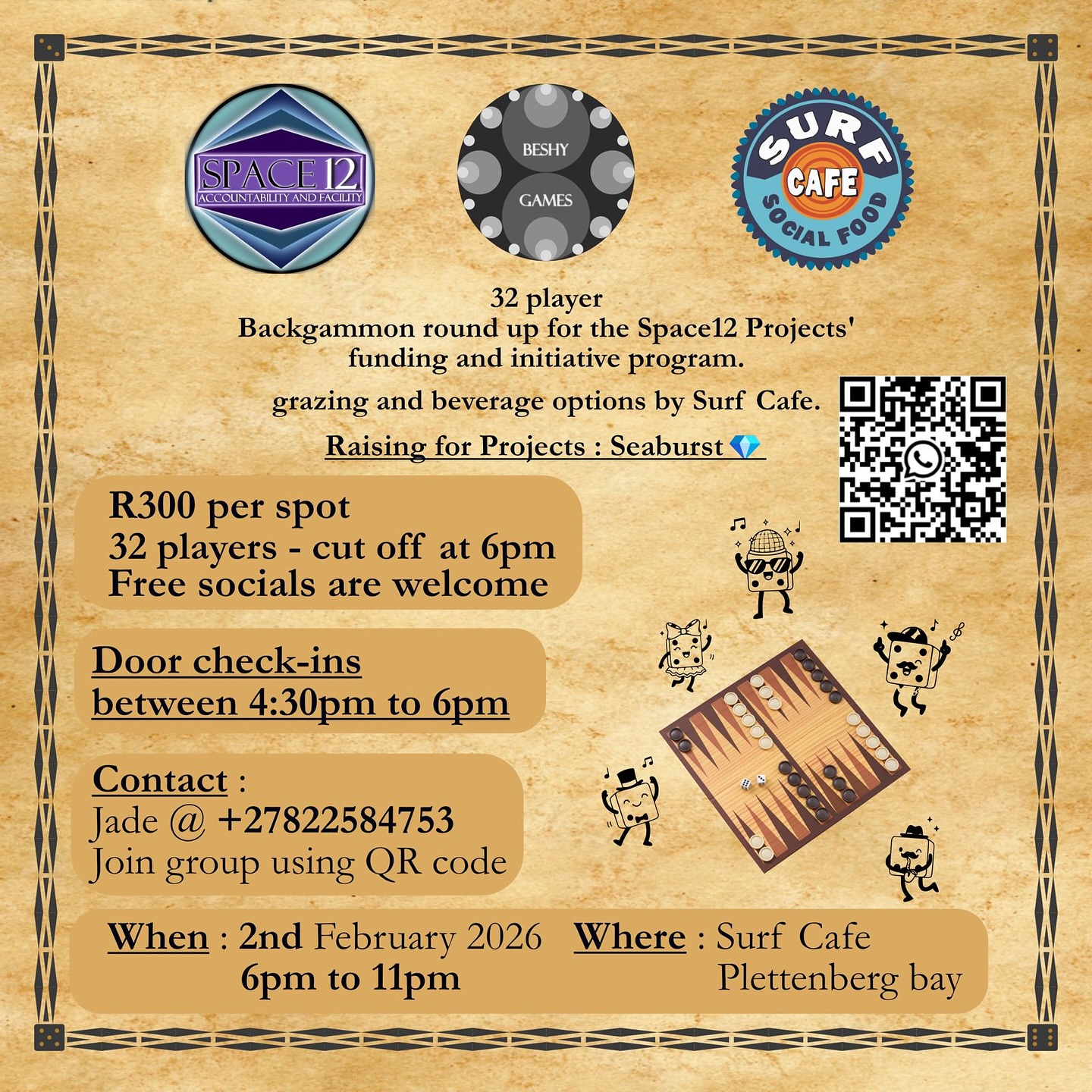 Tonightโs the night ๐ฒโจ
Weโre hosting a Backgammon Round Up at Surf Cafe in support of the Space12 Projects initiative. Good vibes, great company, and plenty of grazing and drinks flowing.
Doors open from 4:30pm, games kick off at 6pm. Players are capped, but free socials are welcome โ come hang, watch the action, and enjoy the evening with us.