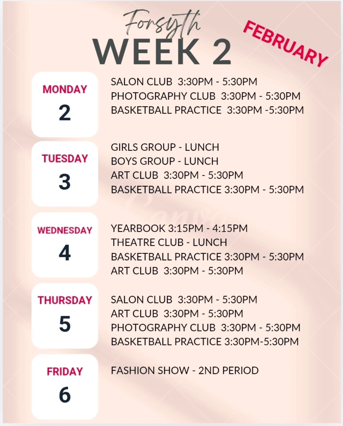 Hey Forsyth! It's week 2! Monday through Thursday there is basketball practice after school from 3:30 to 5:30. On Monday and Thursday after school, the Salon Club and Photography Club will meet. Tuesday through Thursday, the Art Club will meet after school. On Tuesday during Lunch, both the Girls Group (HER) and the Boys Group will meet. On Wednesday, the Theatre Club will meet during lunch and the Yearbook club will meet after school. And on Friday, the whole school will meet at "The T" for our Fashion Show during 2nd period. #forsyth #schoolisfun #week2 #fashionshow #schoolclubs