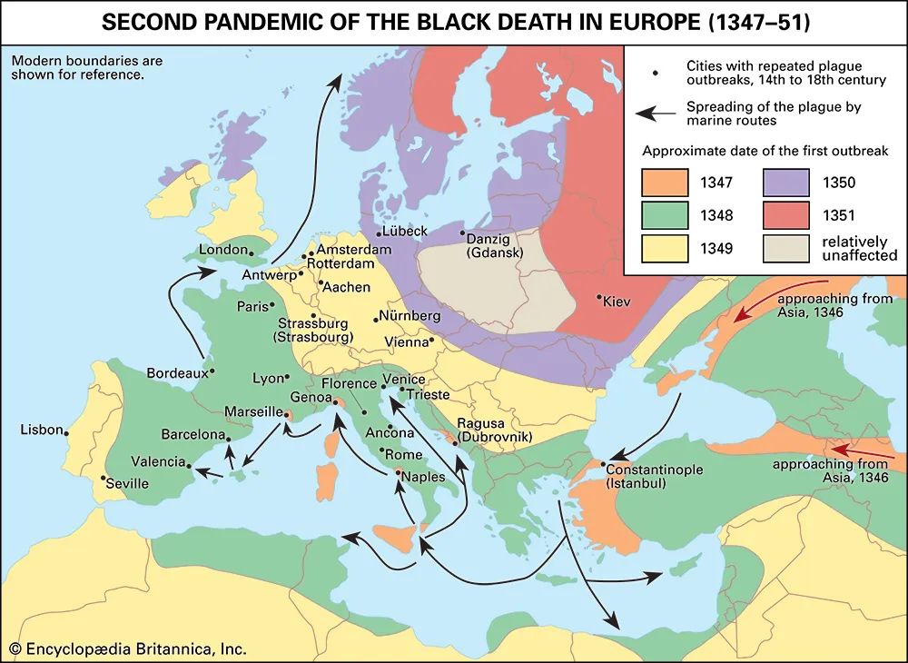 #MapMonday On this day in 1349, it was reported that 200 people per day were being buried in London, as a result of the Black Death. This map from https://kids.britannica.com/students/assembly/view/166726 shows the spread across Europe…