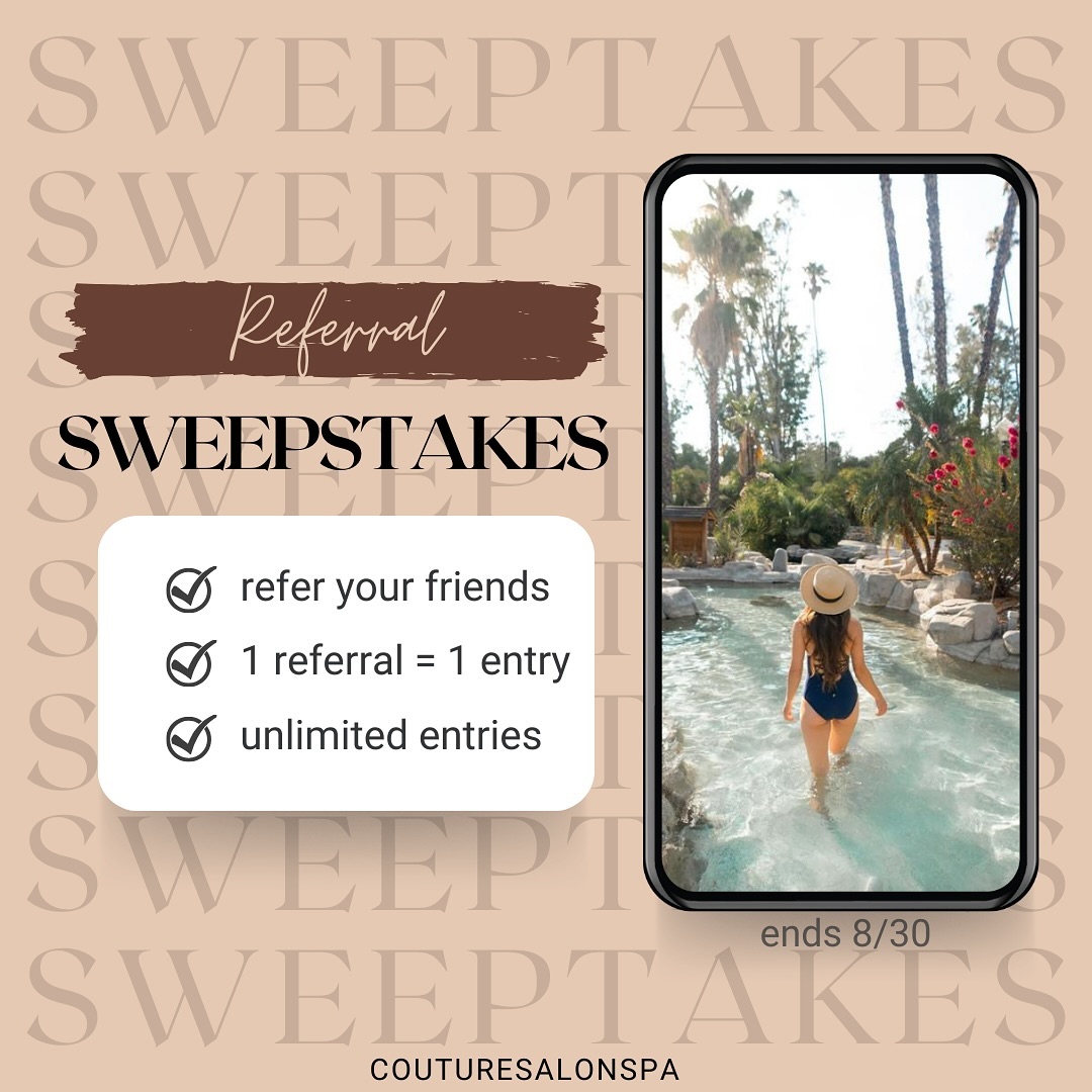 We’re doing it again…..
W are celebrating 13 years in business and we really couldn’t have done it without all of our amazing clients. Thank you for trusting us all of these years.
We want to celebrate by doing another destination giveaway. This year for our 2024 Referral Sweepstakes, we are giving away a $500 gift card to the beautiful @murrieta_hotsprings in Murrieta, CA 👙🍹🌴
Here’s how to play🎉:
🍹Refer your friends and family to one of our salon or spa techs. It can be a skin booking facial, a relaxing spa treatment or a fresh brow wax.
🍹Call us at (562)360-1445 to book an appointment, make sure they mention YOUR name at booking.
🍹 Once your referral redeem’s their service with us, your name will automatically get entered into our drawing. Send us as many referrals you want, there’s no limit to entries. 1 referral = 1 entry☺️
That’s it!
Sweepstakes ends August 30th. Winner will be announced at our Client Appreciation event in August 31st. More event info to follow. Don’t miss out on this getaway!
#couturesalonspa #naturalconceptsalon #naturalsolutions #referralsweepstakes #whittierspa #whittiersalon #whittier #spa #clientappreciation #customerappreciation #anniversary #2024 #salon