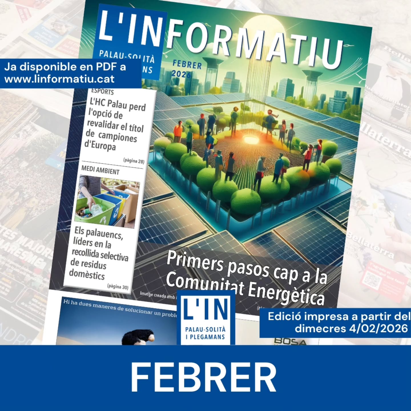 FEBRER. Ja teniu en PDF la segona revista del 2026, la de febrer. A partir de dimecres la podreu llegir en paper. Aquest és el sumari de continguts:
L'ENTREVISTA
💬 Miquel Truyols Rocabruna, president de la Fundació Folch i Torres.
SECCIONS
🗣️ Patrimoni. Història de PsiP al museu de Sabadell, per Josep Maria Farnés
🗣️ Un camp d'oliveres, l'article de J. Pérez Barrachina
ACTUALITAT
📰Millores a la C-59, violència a les aules i el caos de Rodalies, al ple de gener
📰 Primera sessió informativa sobre la Comunitat Energètica Local
📰 Es renoven 800 metres de canonades a l'Av. Camí Reial
📰 Els docents de PsiP es movilitzen per una agressió a l'institut
📰 Mor Joan Carol, ànima del Ball de Gitanes a PsiP
📰 El fred i la pluja no desllueixen una Nit Musical amb retard
📰 Els Reis estrenen carrosses
📰 La palauenca Anaïs Salla llença un videojoc de producció pròpia
📰 El comerç local entrega els premis als millors aparadors nadalencs
📰 L'HC Palau perd l'opció de revalidar la Champions
📰 Ester Calleja desafia les aigües gèlides del llac Cavazzo
📰 PsiP fa els deures pel que fa a la recollida selectiva
@perefarnes @barrachina66 @@ajpalauplegamans @pscpalau @ercpalau @juntsperpalausolitaiplegamans @fundfolchitorres @pessebrespalau @farrigofarrago @c.f.s.palau @casaldelagentgran #Palausolitaiplegamans #Psip @josep_farag @ballgitanes.palau @geganters_i_grallers_psip @insramoncasas @amicsmusicapsp @nomnom.cozyforestcafe @comerciantspalau @esstteerr