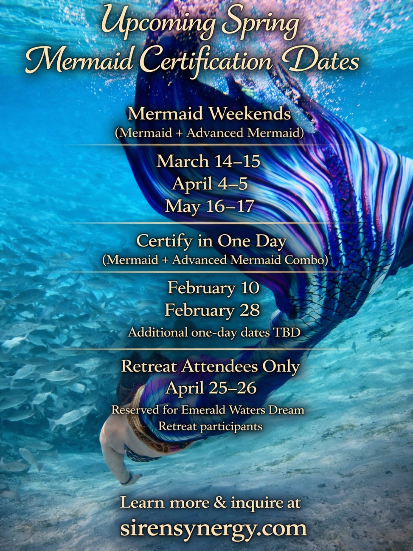 Upcoming spring PADI Mermaid & Advanced Mermaid certification dates are now available 🌊
Classes are small-group and safety-focused, with options for one-day combo certifications or full mermaid weekends. Additional one-day dates may be added based on interest.
Learn more or inquire at sirensynergy.com