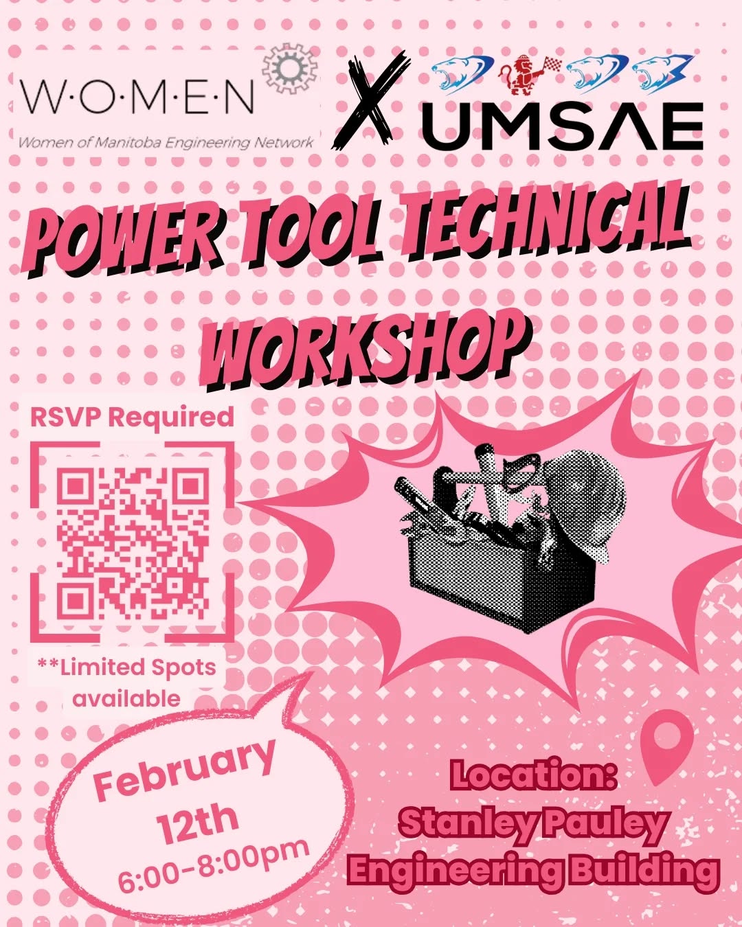 WOMEN x UMSAE Power Tool Technical Workshop
Please RSVP to secure your spot. Limited spots available.
📅 February 12
⏰ 6 PM – 8 PM
📌 Stanley Pauley Engineering Building
Safety instruction and other necessary information will be emailed to participants upon registration.