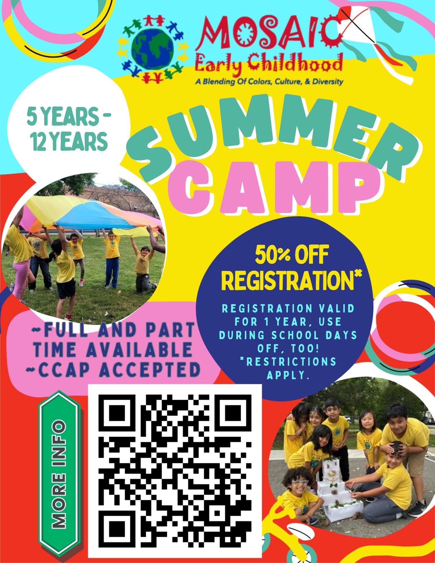 ☀️ Summer Camp Made Easy ☀️
Register for summer camp today and get 50% OFF — plus your registration works for a full year in our Daybreakers program!
✔️ Full-time & part-time options available
✔️ Open all summer long (only closed once for the July holiday)
✔️ No piecing together your child’s summer
✔️ CCAP Accepted
✔️ Meals Included
Ages 5–12 enjoy outdoor play, nature activities, movie days, ice cream field trips, Skokie Library bus visits, parties, and so much more.
One program. One registration. A stress-free summer 💛
.
.
.
.
.
#mosaicearlychildhood #summercamp2026