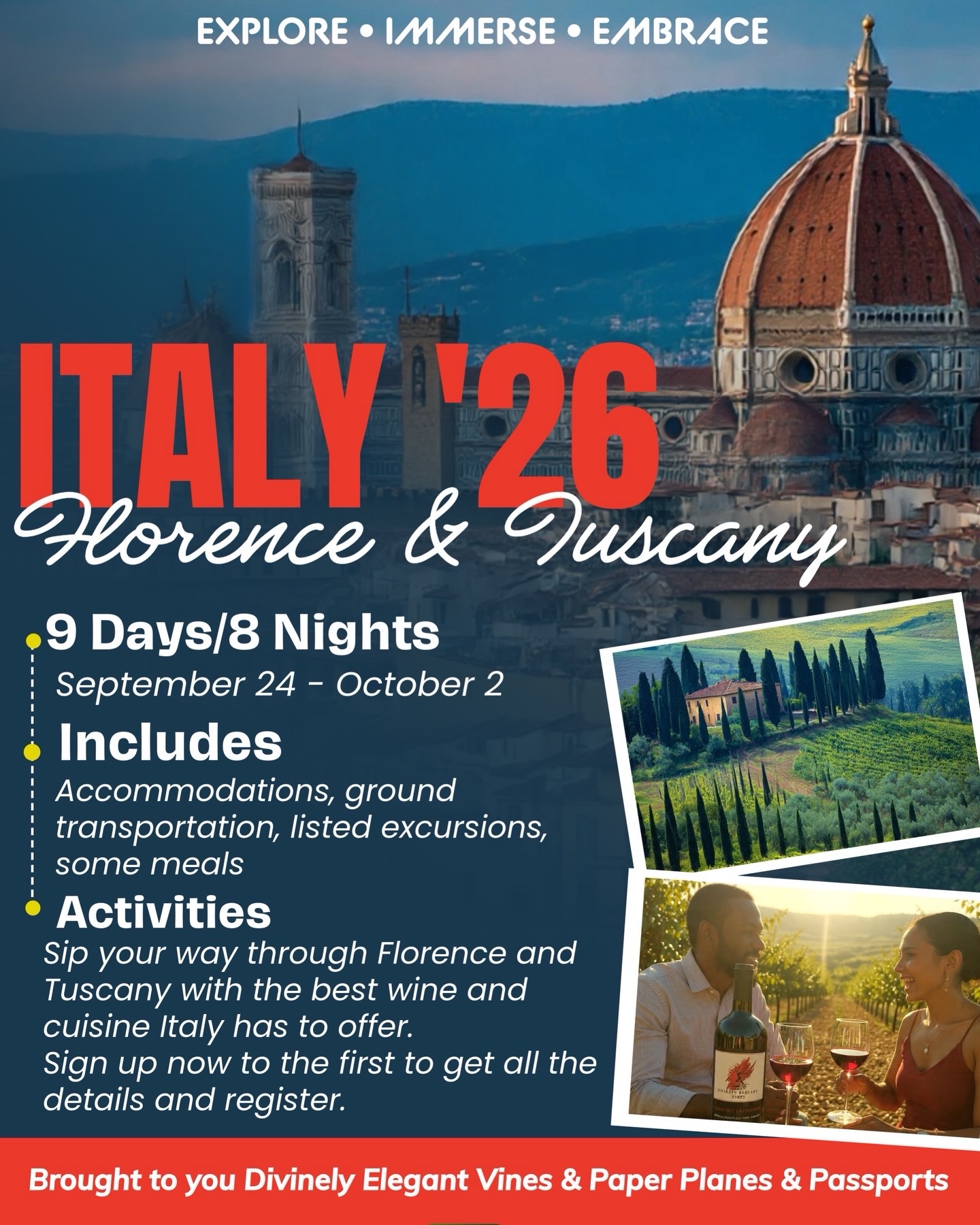 Italy like this 🇮🇹🍷✨
Slow mornings in Florence, where cobblestone streets lead you to espresso bars, hidden boutiques, and unforgettable meals in the heart of the Renaissance. Evenings filled with golden sunsets, rooftop views, and the simple pleasure of living well.
Then… the countryside calls. 🌿
In Tuscany, wake up surrounded by rolling vineyards, sip world-class wines where they’re made, and wander through storybook towns rich with flavor, charm, and culture. Think long lunches, wine tastings, hands-on food experiences, and beautiful moments shared with your favorite people.
This journey is designed for those who love to travel together — bonding over incredible food, unforgettable wine, and experiences that feel straight out of a dream. Join PPP & @divinely_elegant_vines for our:
Italy Wine & Food Tour
📍 Florence & Tuscany
📅 September 24 – October 2, 2026
Registration is only $99 for a limited time.
Tap the link in bio to secure your spot before it’s gone. 🍷✨
Group dates don’t work for you? No problem, click the first link to start planning your personal trip.
#italy #florence #tuscany #winetourism italianfoo