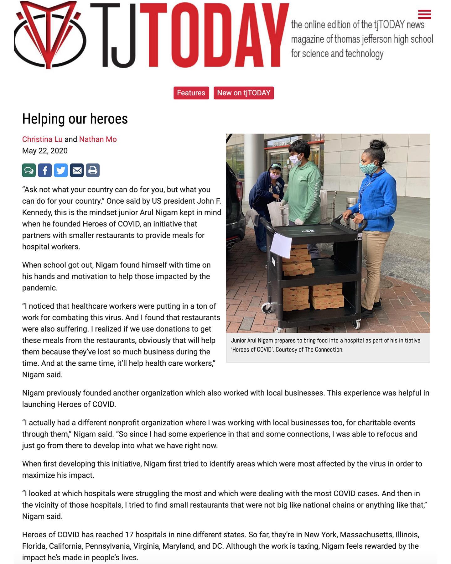 Thank you to @tjhsst_media’s tjTODAY for the feature on my #HeroesOfCOVID Initiative! Check out the article here: bit.ly/2OKr467