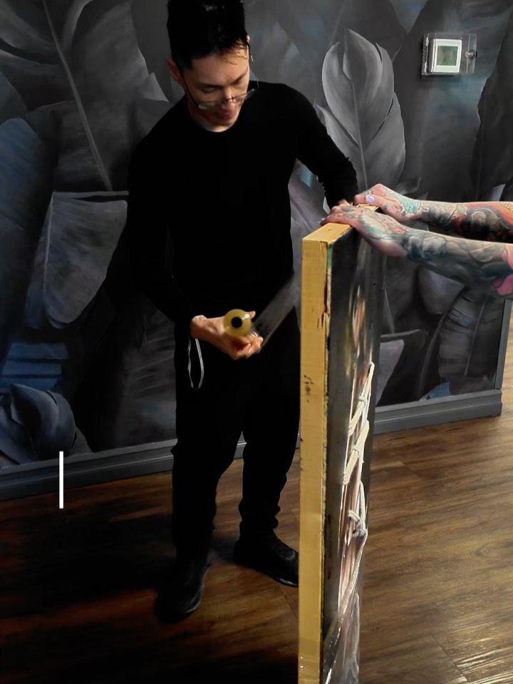 If I could externalize what selling a painting feels like, this would be it. Brain running in circles going yay, getting dizzy, stopping, calming down, then getting back to work.
This was me wrapping up a painting for clients who came in for a tattoo and left with both the tattoo and the painting. Same day. Same trust. Same energy.
Massive thank you for the trust and support. It never gets old, even when my brain does laps like an idiot.