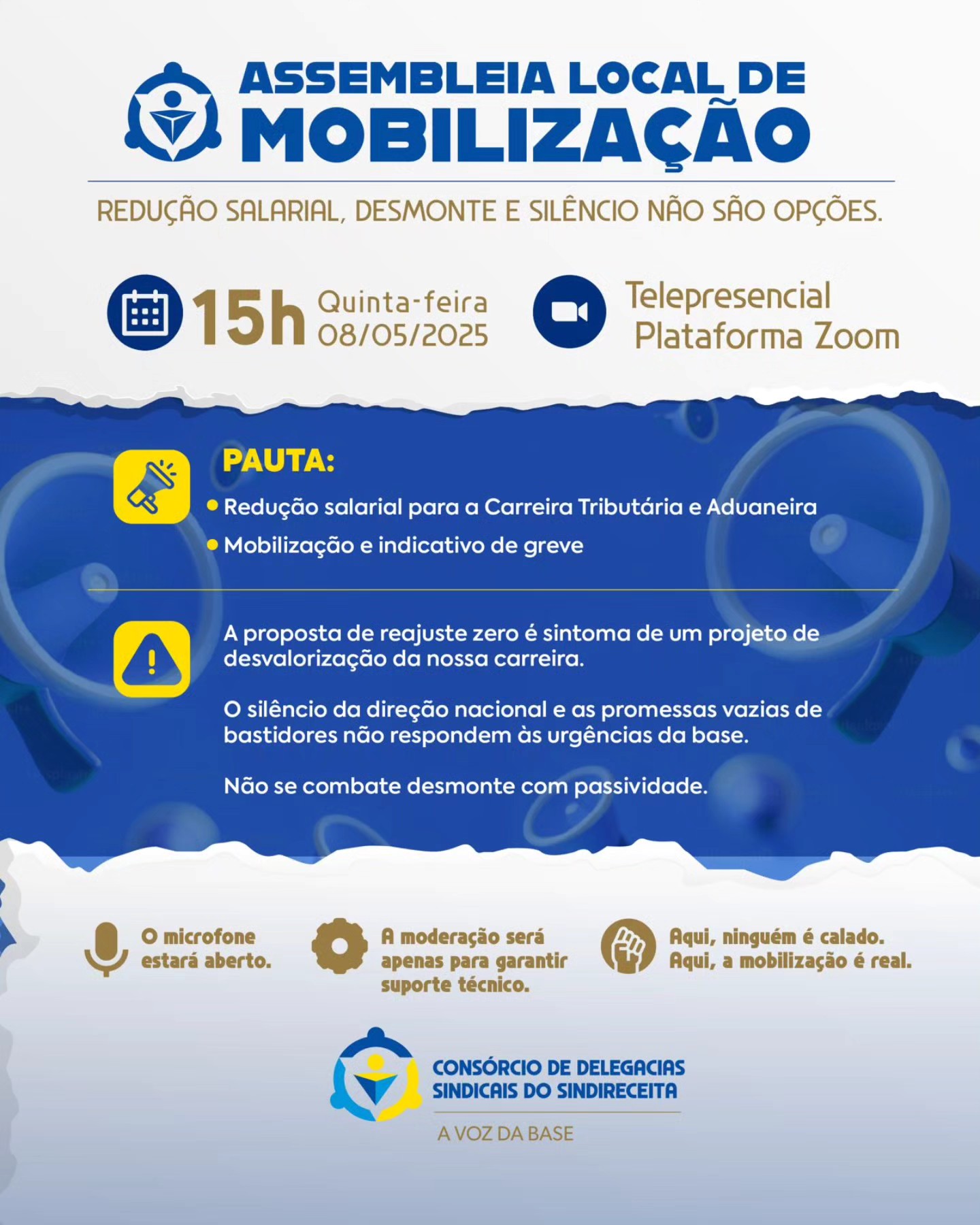 📢 Atenção, Analistas Tributários!
Na próxima quinta-feira, 08 de maio, às 15h, temos um compromisso coletivo com a nossa carreira.
A proposta de reajuste zero é mais do que um congelamento: é o retrato de um projeto contínuo de desvalorização.
Enquanto a direção nacional silencia e aposta no velho jogo de bastidores, a base se organiza.
Mobilização não é discurso, é prática.
🎙️Na Assembleia Local de Mobilização do Consórcio das DS, a voz é da categoria:
✅ Microfone 100% aberto
✅ Suporte técnico garantido
✅ Participação sem censura
✅ Diálogo real com quem está na ponta
Pauta:
• Redução salarial para a Carreira Tributária e Aduaneira
• Mobilização e indicativo de greve
Não deixem que falem por vocês.
Vamos falar juntos, como base mobilizada.
Consórcio das Delegacias Sindicais do Sindireceita
🗣️A voz da base.
💪A força da categoria.
#sindireceita #consorcio DS #analista tributário #mobilizacao