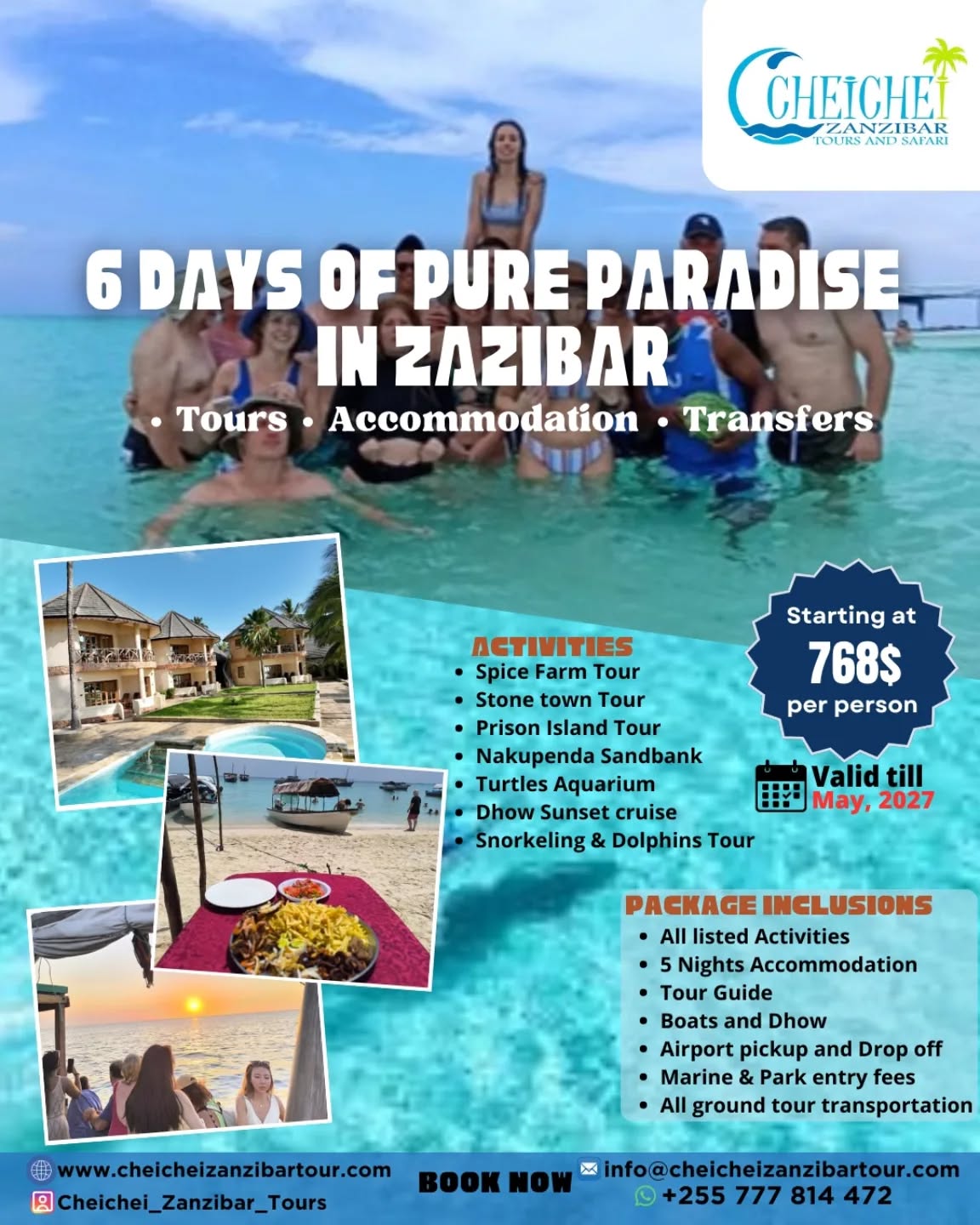6 Days of Pure Paradise in Zanzibar.
- Starts from 768$ per person.
- Group Rates are available on Request.
- A full tour package is available. Please contact us
- This tour package is fully customizable and hotels can be adjusted to match your budget and personal preferences. We will provide a selection of hotel options to choose from.
Itinerary
Day 1 : Arrive Zanzibar
Our driver will pick you up from the Airport to Mizingani sea front hotel in Stone town.
Day 2 : Stone town, Prison Island and Nakupenda sandbank tour.
You’ll relax on white sands, swim in crystal-clear waters and enjoy a delicious BBQ lunch by the beach.
You will explore the Forma slave market museum, The old fort, House of wonders, Freddie Mercury museum, Forodhani park, Various souvenir shops, Giant tortoise, Peacocks and Dik-diks.
Day 3 : Check out Hotel, Spice Farm Tour and Check in at the beach Hotel. (Marafiki Beach Hotel)
Explore Zanzibar’s famous Spice Farm and awaken your senses with fresh spices, tropical fruits and fascinating stories behind the island’s rich spice heritage. A truly authentic Zanzibar experience. Lunch is optional at the Farm.
Day 4 : Turtles Aquarium in Nungwi and Sunset cruise at Kendwa beach.
Visit the Turtles Aquarium in Nungwi to discover gentle sea turtles and learn about marine conservation, then unwind on a beautiful sunset cruise at Kendwa Beach, sailing along the coastline as the sun melts into the Indian Ocean for a truly magical experience.
Day 5 : Full day Relaxation
Optional activities
- Safari Blue
- Horse riding
- Jozani forest
- Mikumi National Park a day Safari
- Selous National Park a day Safari
- Submarine, ATV and Jet ski experiences
Day 6 : Check out Hotel and Drive to Airport.
This will depend on your flight departure time.
Please contact us
WhatsApp : +255 777 814472
Email : info@cheicheizanzibartour.com
Please visit our website
www.cheicheizanzibartour.com
🧳
🐬
🏝️
#zanzibarvacation
#tourpackages #tanzania #zanzibar #holiday