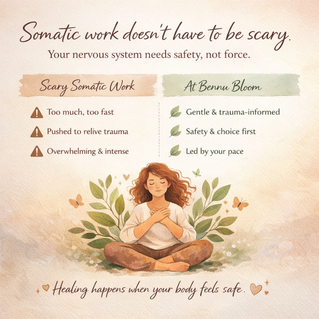 Let’s talk about something I hear a lot…
“I’ve heard somatic work can be intense.”
“I don’t want to relive trauma.”
“I’m scared it might be too much for my body.”
‘’I’m afraid to open a can of worms.’’
‘’ I don’t want to revisit my past’’
I don’t want to talk about it’’
And honestly? That fear makes sense.
A lot of what people see online about somatic work looks big, emotional, dramatic - shaking, releasing, screaming, crying, pushing through. That can give the impression that somatic work has to be overwhelming to work.
But here’s the truth:
👉 Work that feels scary, forced or overwhelming is not supportive of your nervous system. When this work becomes overwhelming it forces our body into fight or flight, having the opposite effect of what you are looking for.
Your nervous system doesn’t heal through being pushed.
It heals through safety, choice, pacing and trust.
When somatic work moves too fast or ignores where someone actually is, it can:
– Increase anxiety
– Activate survival responses
– Leave people feeling dysregulated instead of grounded
That’s not healing. That’s too much, too soon.
✨ This is where Bennu Bloom is different ✨
Our work is:
🌿 Gentle
🌿 Trauma-informed
🌿 Led by your body, not an agenda
🌿 Focused on regulation and grounding first - always
There’s no forcing, no pressure to “release”, no need to relive anything or revisit the story. We work with your nervous system, not against it.
Somatic work doesn’t have to be scary to be effective.
Often, the most powerful shifts happen quietly - when your body finally FEELS safe enough to soften.
If you’ve been curious but cautious, that’s okay 🤍
Your pace is the right pace.
Contact or book free consultation online to discuss any queries you have
Louise 💚
#safetyfirst #somaticawareness #healingnaturally #bennubloomhealing #derry
