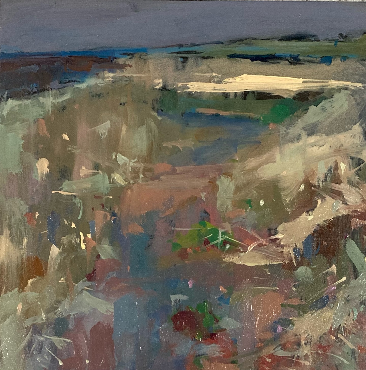 It was a cold and flat morning at the beach today, the sea looked so cold a steel grey! There were a few moments when the sun lit the grassy dunes but then disappeared again. It was still good to be outside painting and seeing what I could do with the light and colours.
