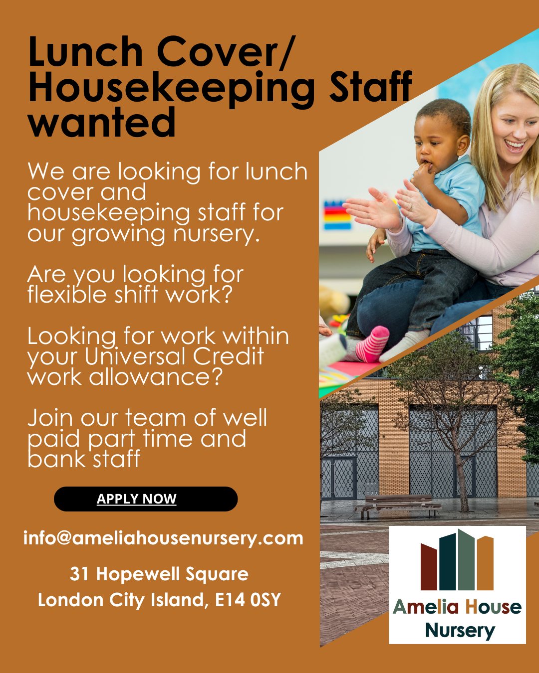 We're looking for motivated and reliable staff at our growing nursery. We have a range of flexible part-time posts from 15 hours a week.
#canningtownparents
#parttimework
#daycare
#eastlondonnursery
#canarywharfparents
#universalcreditjobs
#londoncityisland