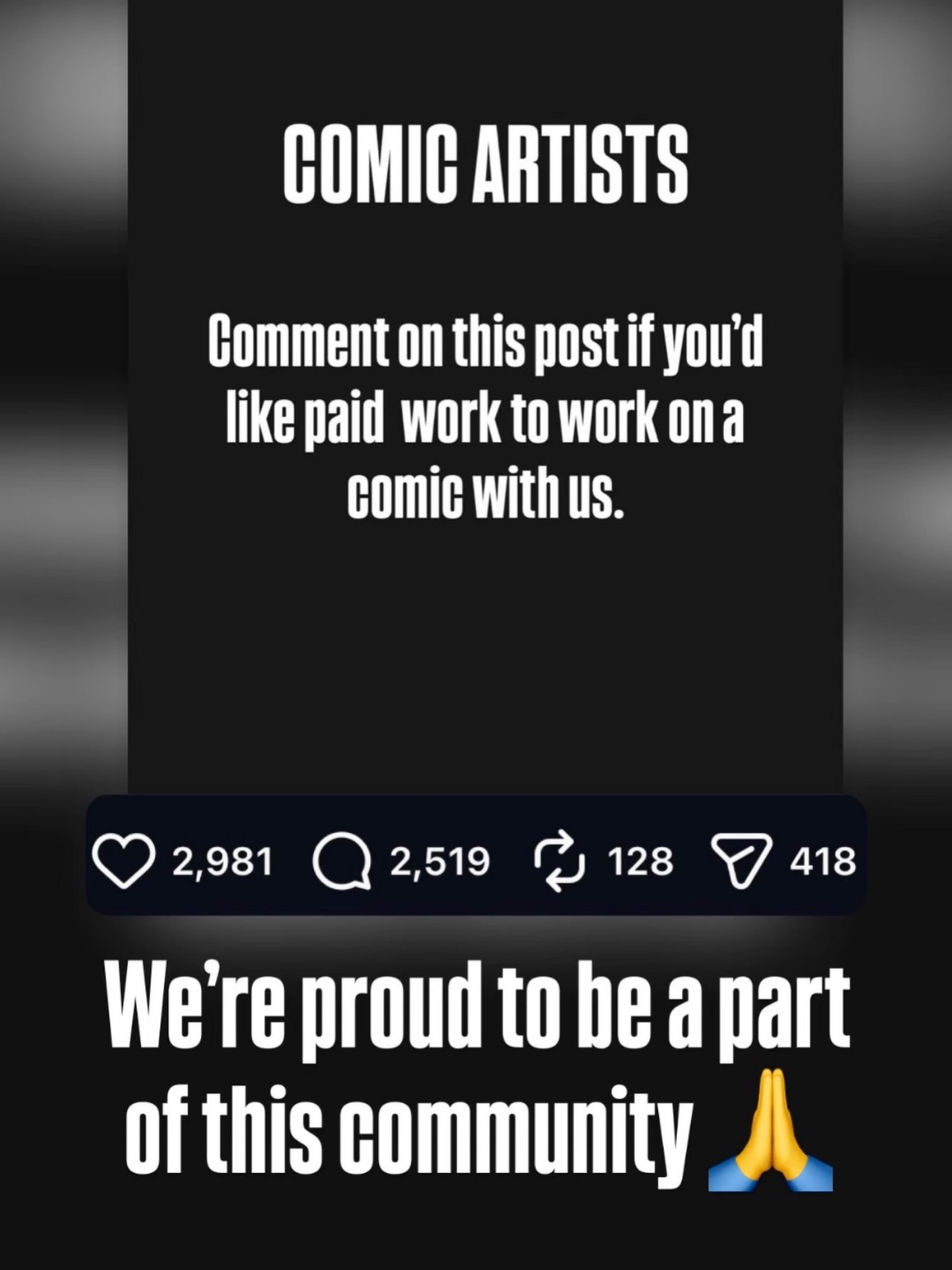 Thank you so much for the overwhelming response to our most recent post. It’s clear reminder of the talent we have in the industry.
It might take some time but we’ll go though each and every profile! If you don’t hear from us, keep doing what you’re doing!
We’re proud to be part of this community
