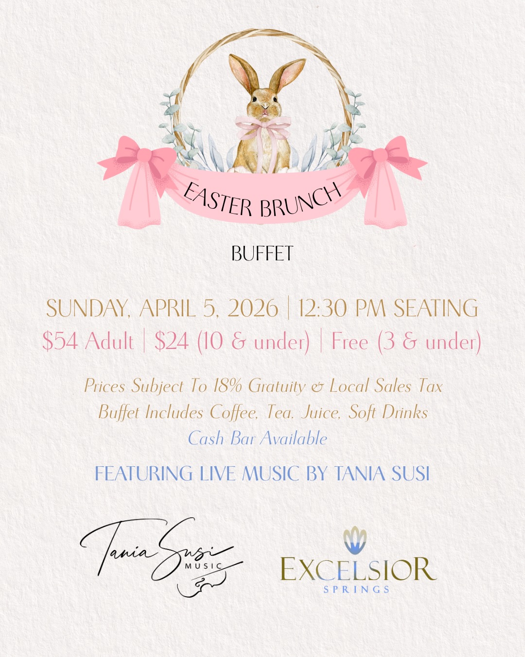 🐣✨ Celebrate Easter in style at Excelsior Springs!
Join us for our Easter Brunch Buffet featuring an incredible spread, a chef-attended omelet station, carving station, dessert bar, and live music by the talented Tania Susi @taniasusimusic 🎶
https://www.excelsiorsaratoga.com/publicevents26
📅 Sunday, April 5, 2026
⏰ 12:30 PM seating
💲 $54 Adult | $24 (10 & under) | Free (3 & under)
➕ Prices subject to 18% gratuity & 7% NYS sales tax
Tickets must be purchased in advanced🌸
#ExcelsiorSprings #EasterBrunch #SaratogaSprings #LiveMusic #TaniaSusi