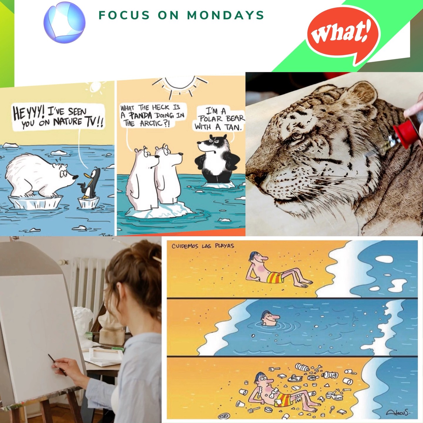 @mo.eco_art MonacoEcoArt.com #focus #Monday #green #humour #awareness #change 🤏What is Green Humour? 🤔 …a comedian painted green?, Not exactly, let’s find out more 🎨🖍️Finding #ways to increase eco-awareness while having fun can be especially effective: Green Humour is an informal #way to address major environmental issues, employing a #creative approach to eco-communication aimed to #engage the #target audience and even a wider community of potential followers, through the social network 😄🤔 Designed by professional cartoonists, this unique storytelling, where satire mixes up with plural writing (written and visual elements), highlights environmental concerns, while promoting sustainable #behaviour and best practices in order to establish a deeper #connection between Human Beings and Nature, and fostering an Eco-centric vision in the hope of laying the foundations for a more sustainable future 🎬🔙 The term “humour” derives from the humoural medicine dating back to the Ancient Greek addressed to balance fluids in the human body to control both human #health and #emotion; Western world’s humour started with Ancient Greek philosophers while humorous threads have developed in different geographical areas around the world, notably in the Indian, Arabic, Persian, Caribbean and Chinese culture 🎭♻️ Thanks to its #attractiveness, #inclusiveness and closeness to #people, humour facilitates the social tranformation as in the following examples: A. Green Humour by Rohan Chakravarty, Indian artist and cartoonist = A clever balance between sketches and dialogues leads the audience to be entertained and to ask questions on environmental issues. How can a penguin meet a polar bear? Why is the sea ice melting? For what reason has a polar bear got a tan, looking like a panda?; B. “Environmental Sea Pollution” by Alecus (Ricardo Clement) a Mexican-Salvadorian artist and cartoonist = it draws his attention to the serious problem of marine waste pollution through three sketches in sequence which make the image dynamic, strengthening the major environmental problem, without the need of adding a further word 📸 🎬 © Copyright: MonacoEcoArt Stories